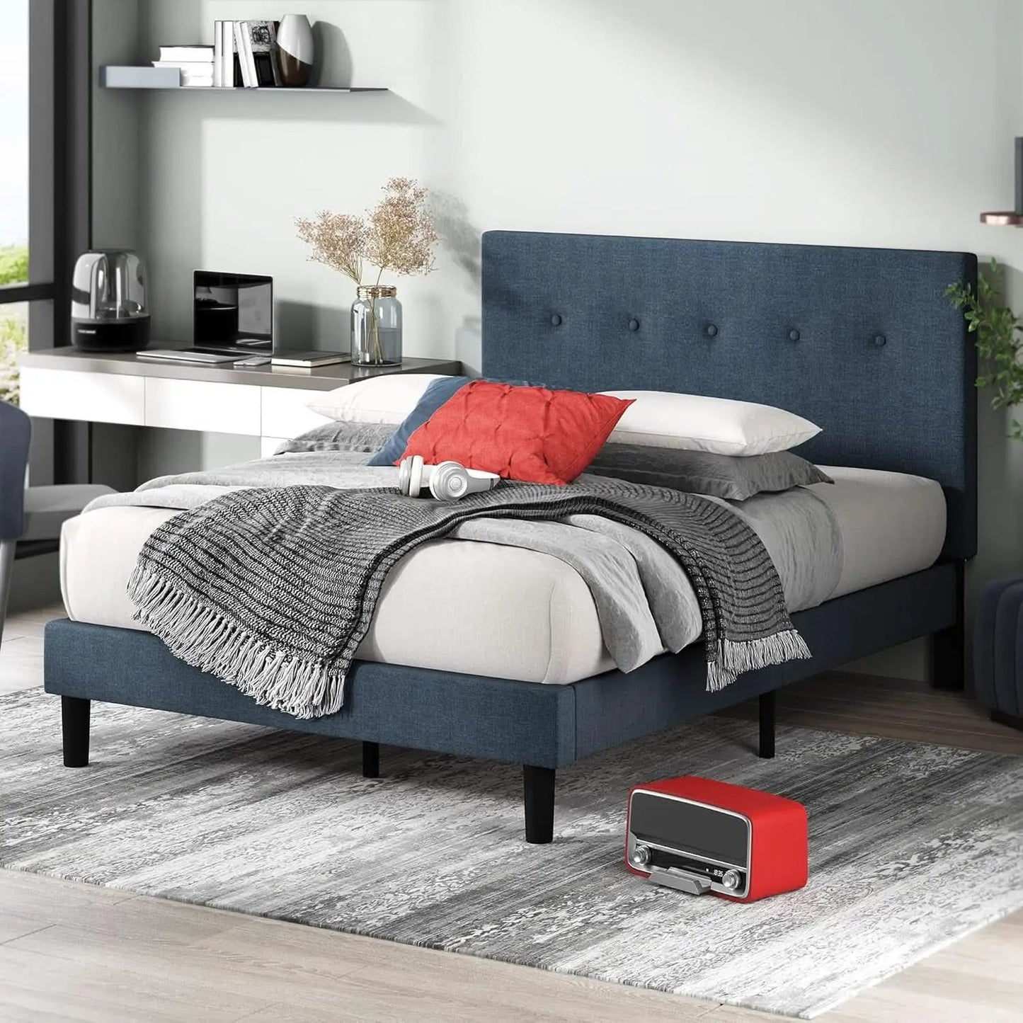 Omkaram Navy Upholstered Platform Bed Frame No Box Spring from PriceLows™