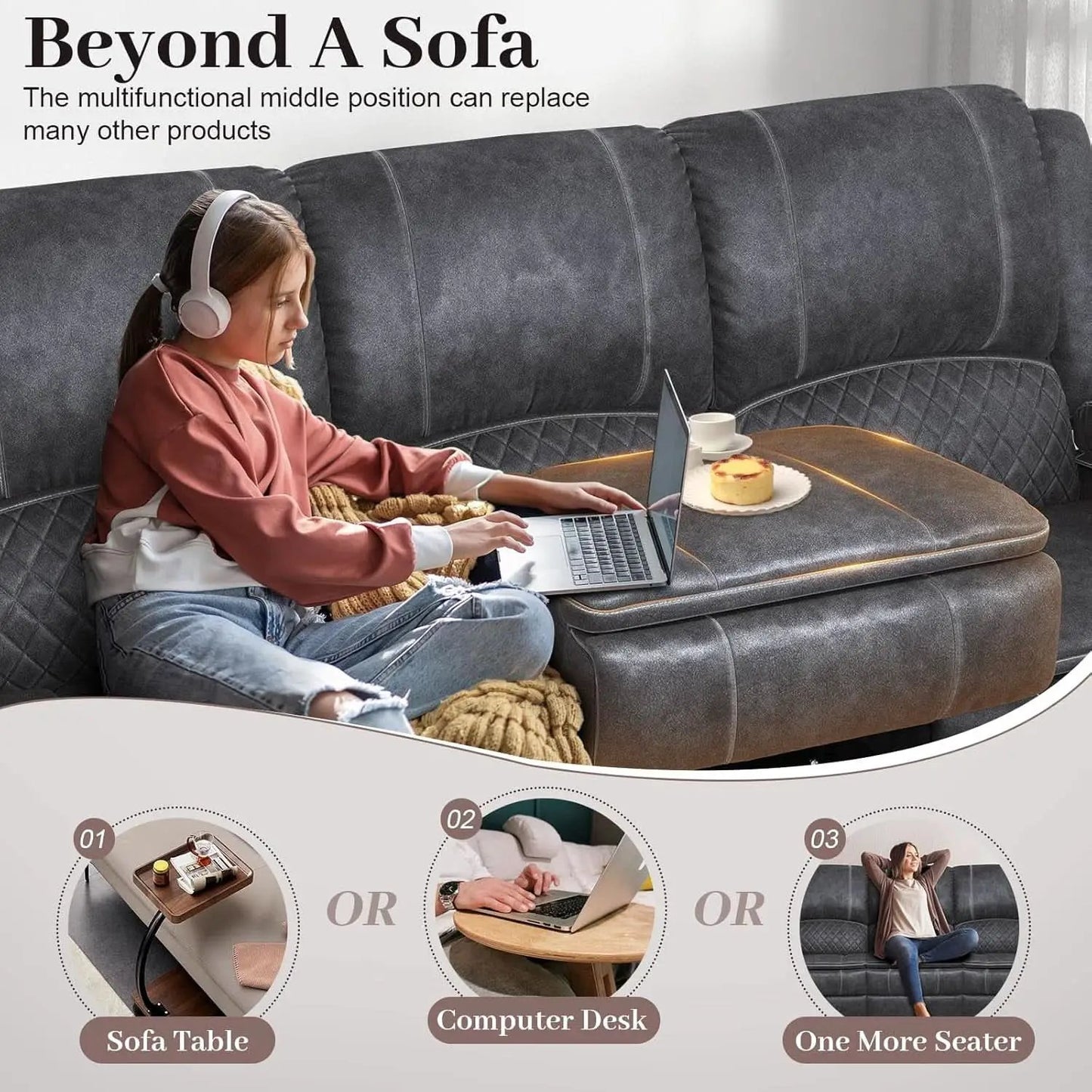Grey Three Seater Manual Recliner Sofa Modern Living Room from PriceLows™