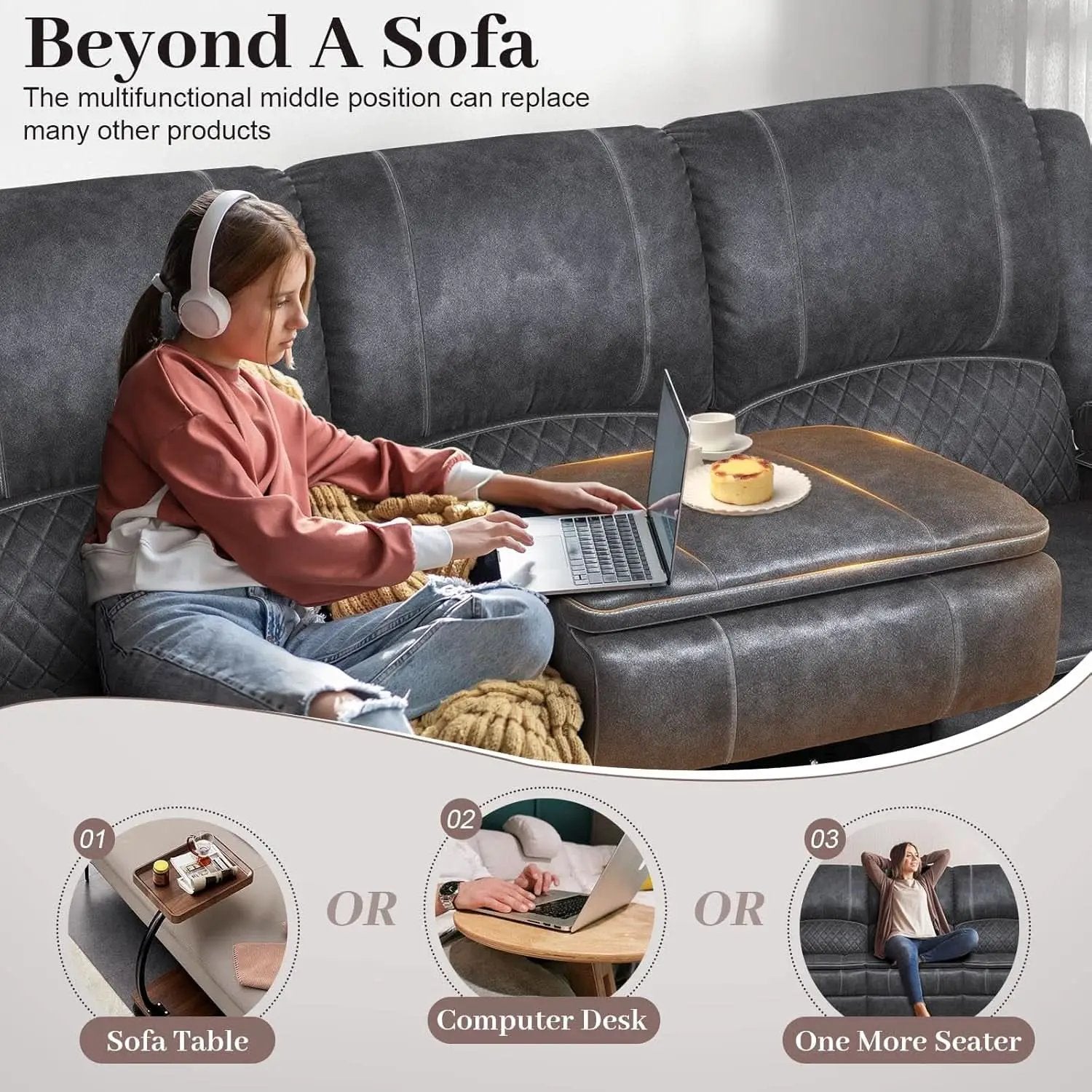 Grey Three Seater Manual Recliner Sofa Modern Living Room from PriceLows™