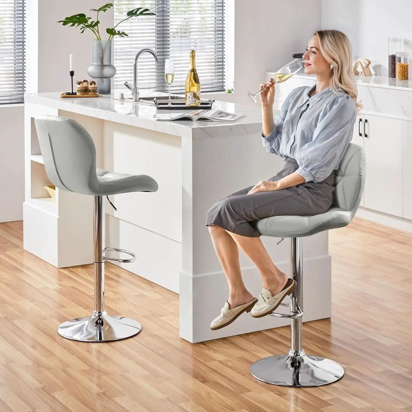 Grey PU Leather Bar Stools Set Of 2 Adjustable Height from PriceLows™