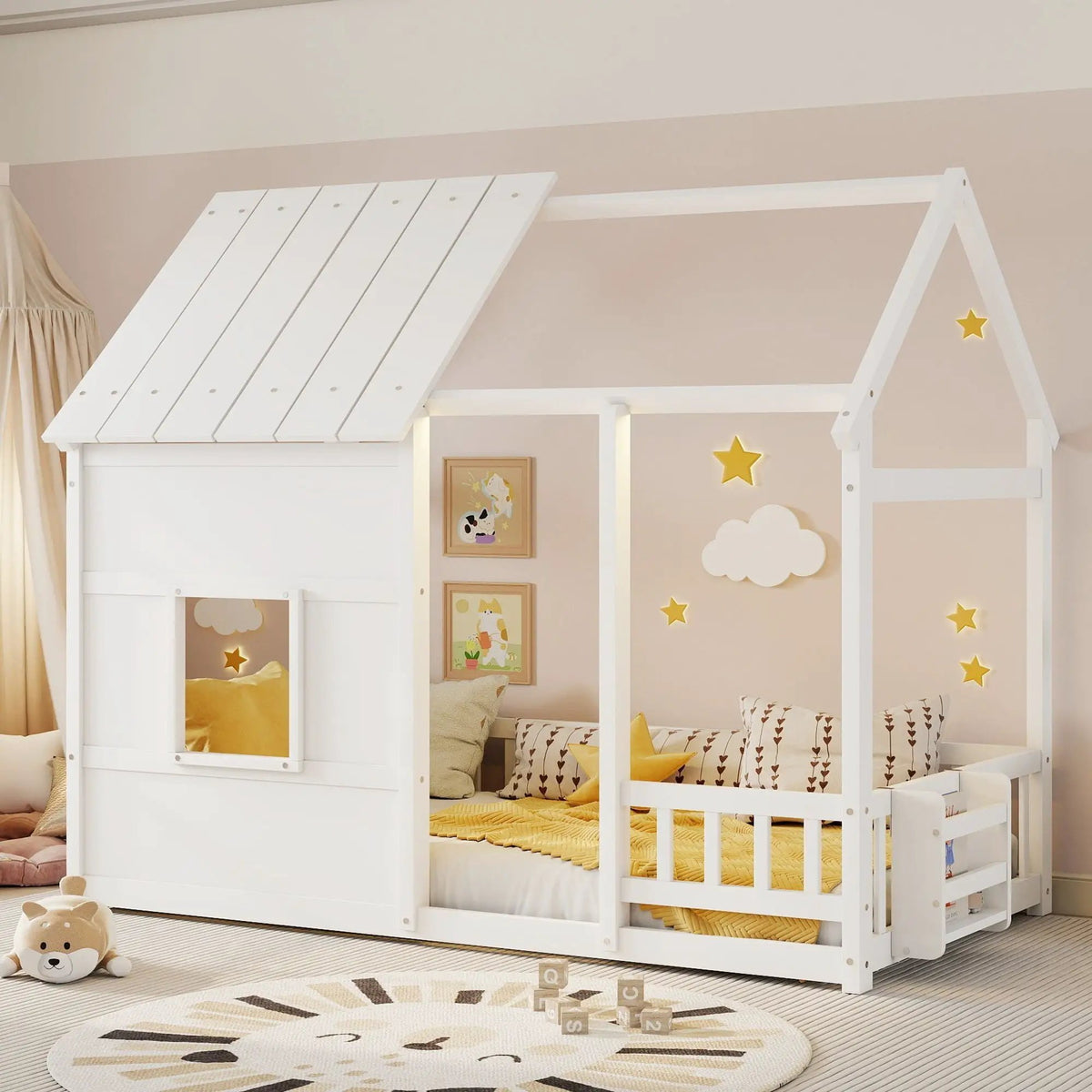 House Floor Bed | 7 Color LED Lights | Built In Bookshelf