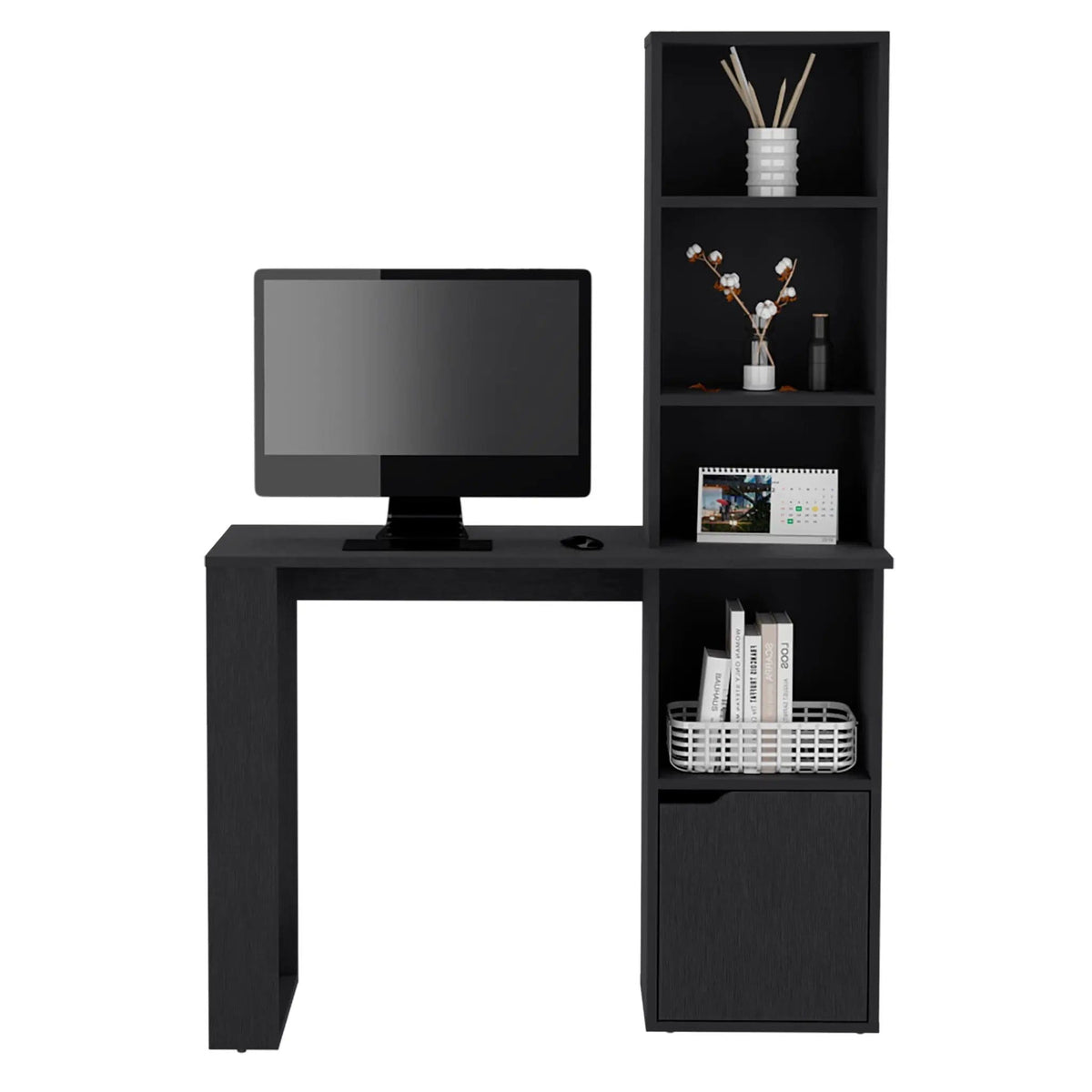 Writing Desk With Bookcase And Cabinet - | 17.8 x 38.8 x 58.3 in | Wood | Black
