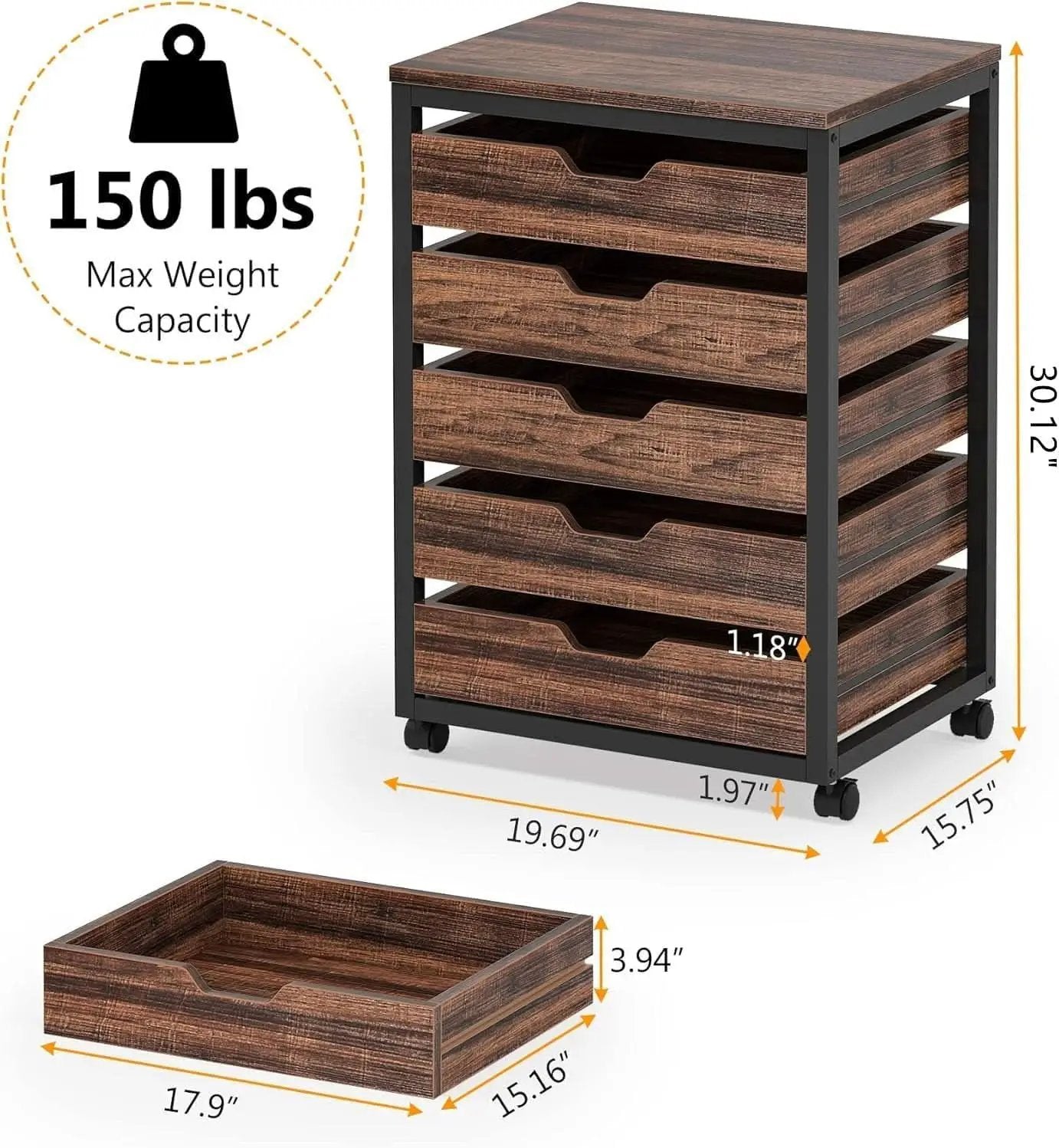 Industrial Five Drawer Wood Dresser Cart BrownFinish from PriceLows™