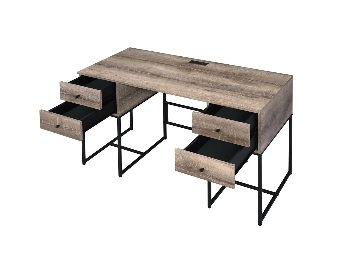 Desirre Writing Desk With USB Port | Oak Finish | Four Storage Drawers | Contemporary Metal Base