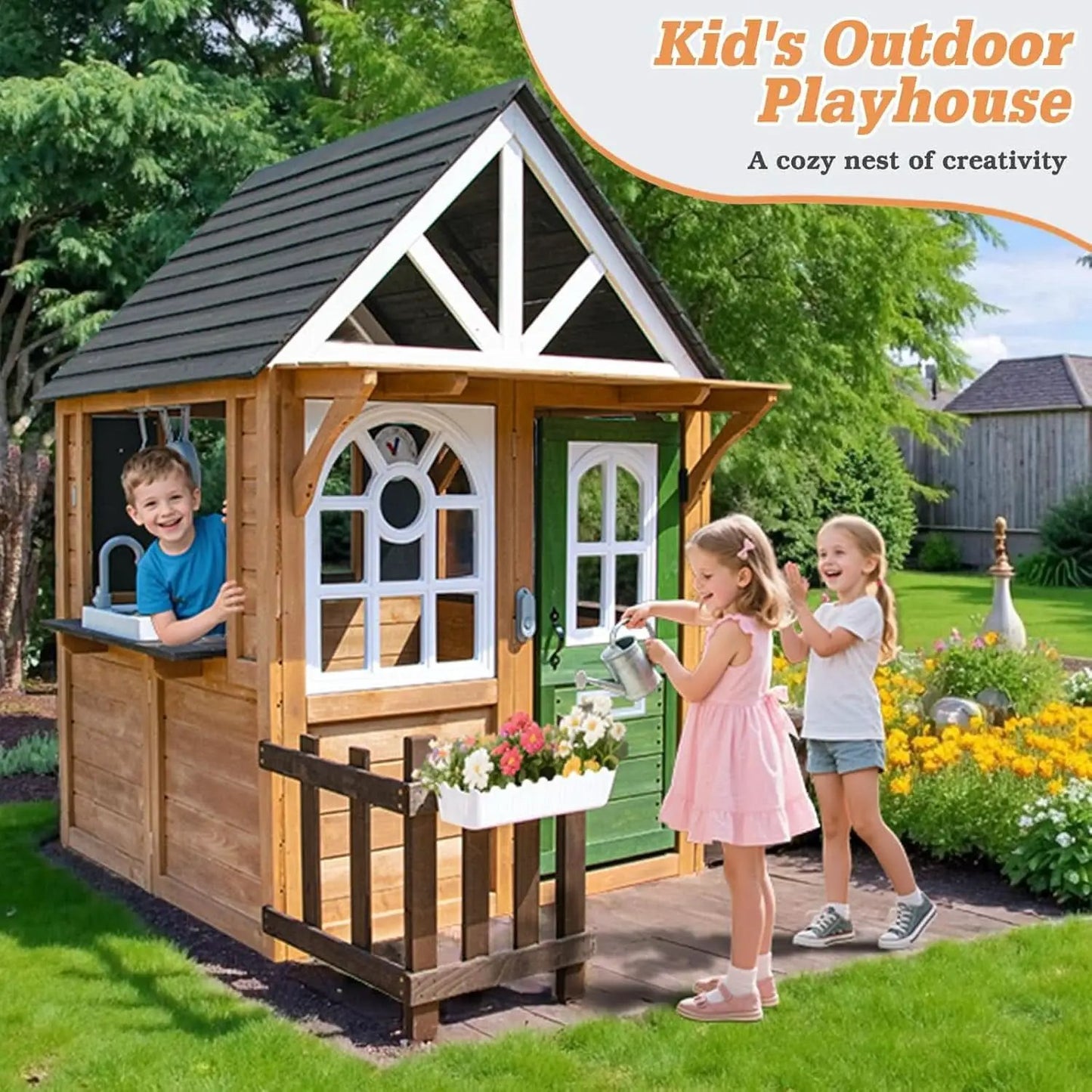 Cedar Gray Weather proof Kids Playhouse With Doorbell from PriceLows™