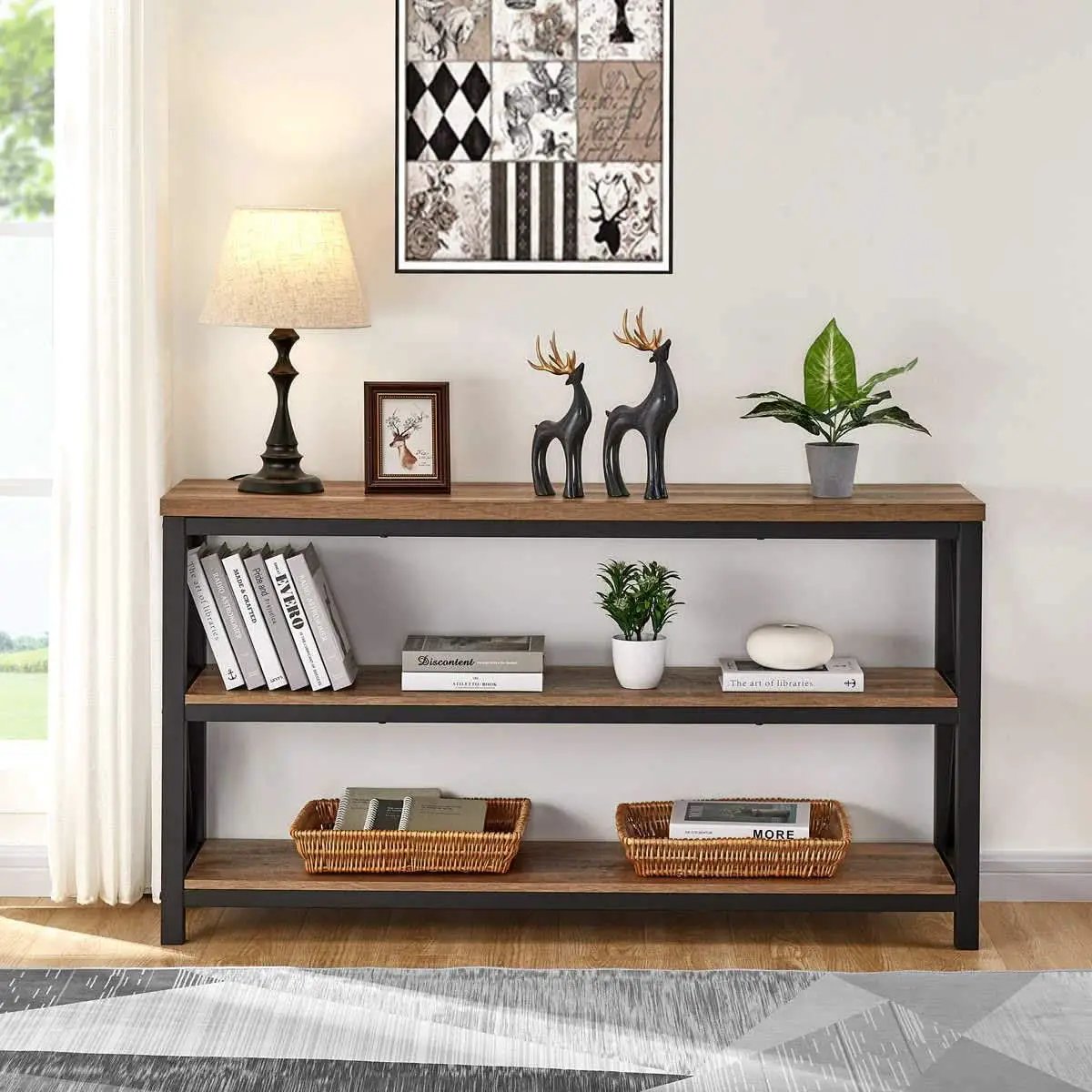 Rustic Wood Console Table With Three Shelves Metal Frame from PriceLows™