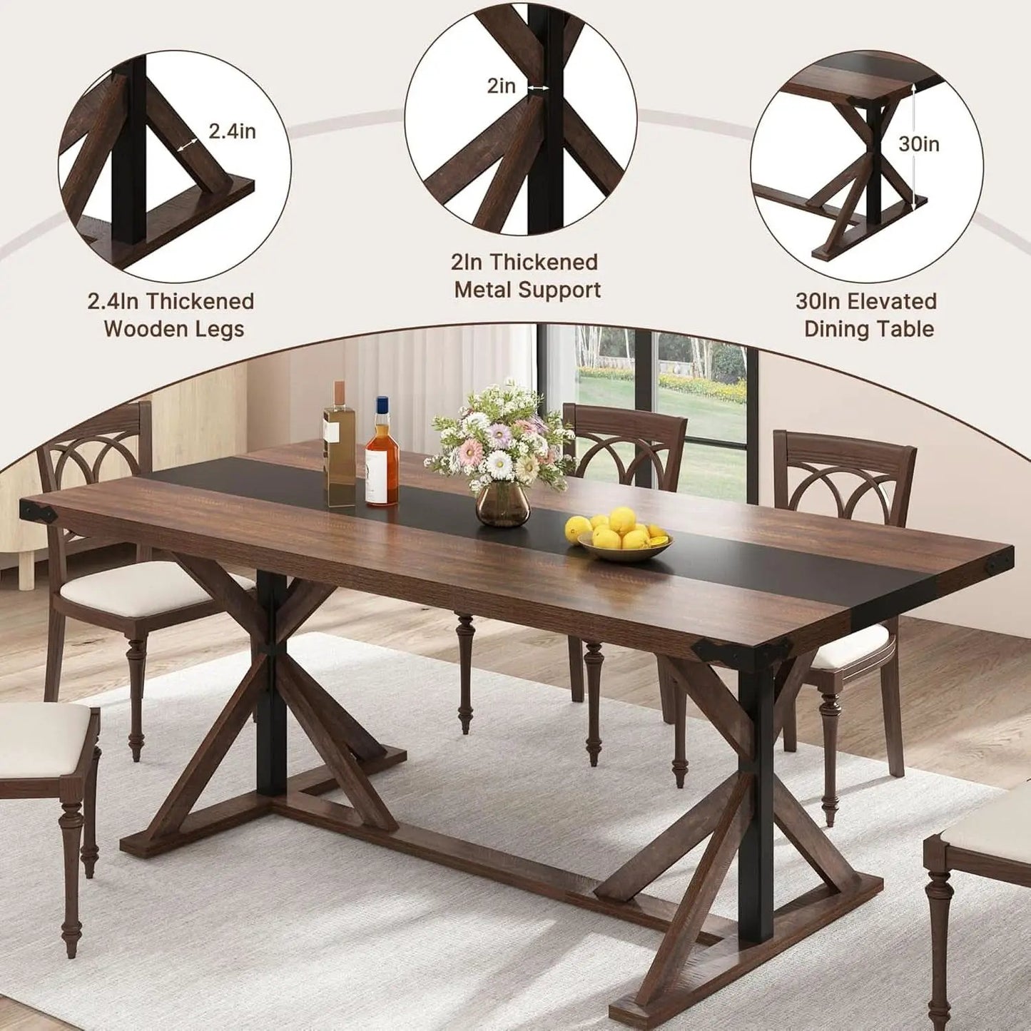 71 Inch Farmhouse Dining Table Waterproof Wood Grain Top from PriceLows™