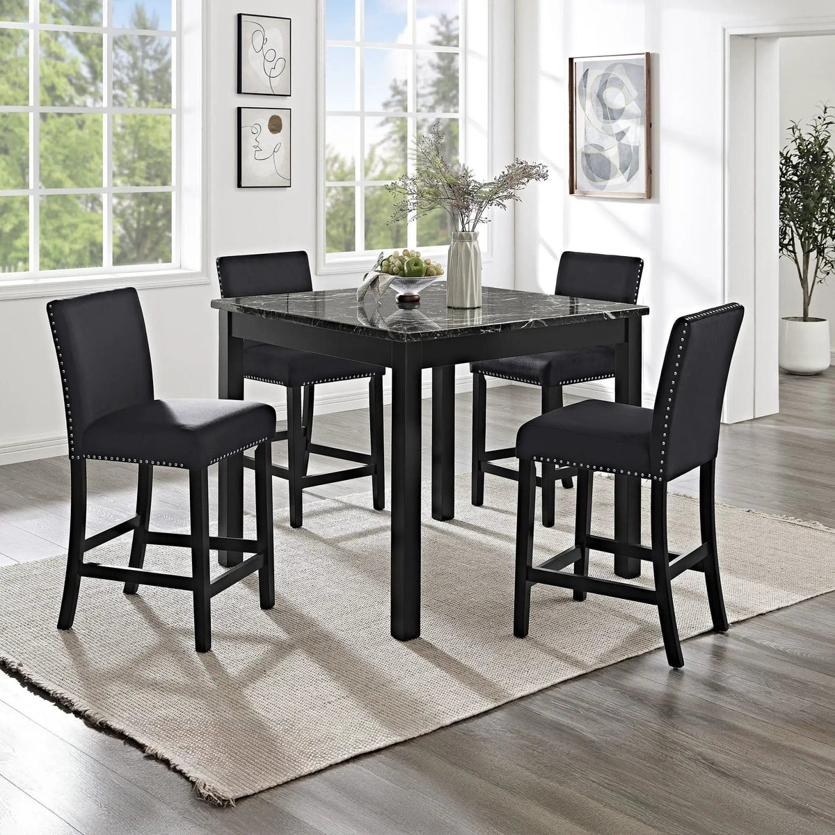 5 Piece Counter Height Dining Set With Table, Tufted Nail Head Chairs - | 5-Piece Set | Solid Wood & Faux Marble | Black