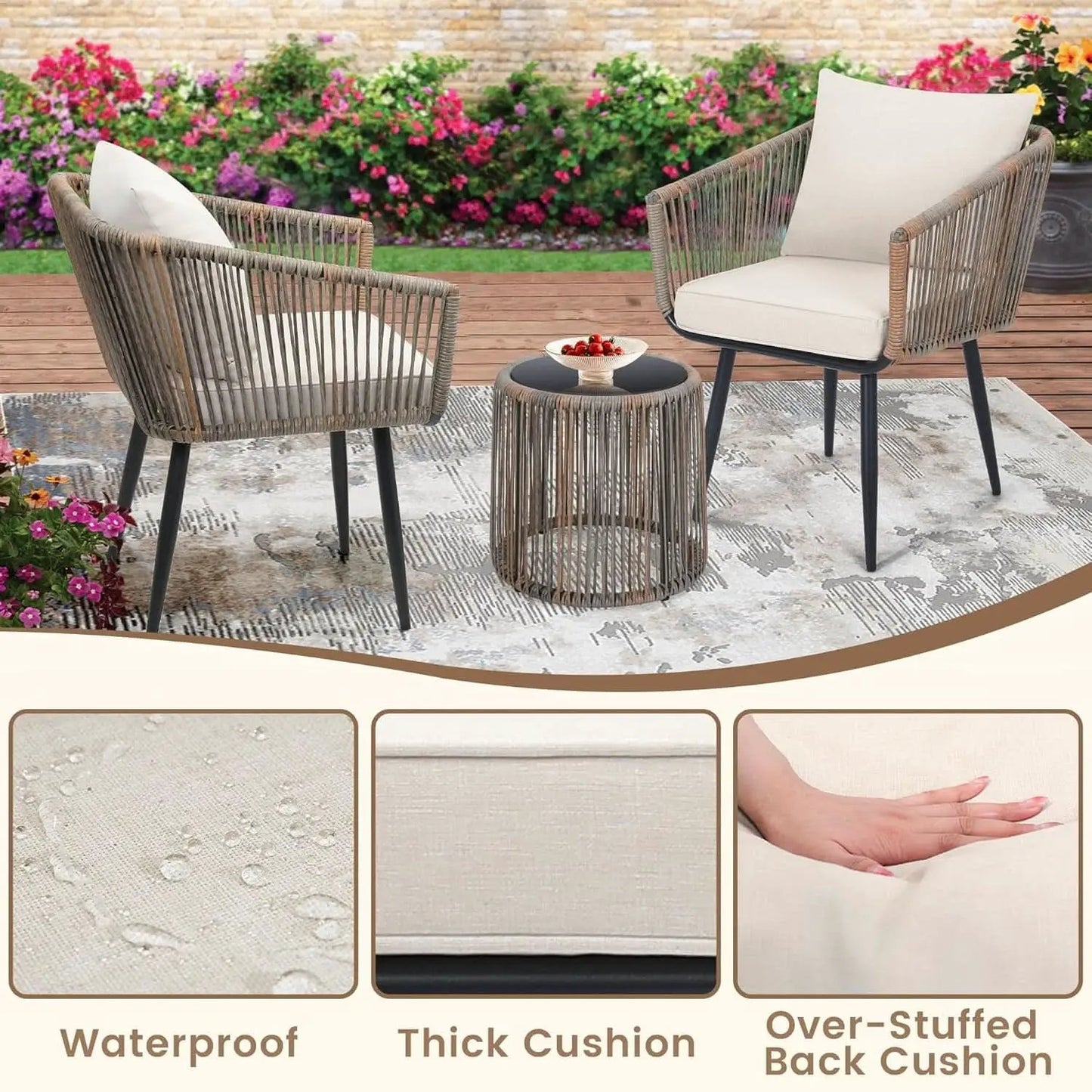 Beige 3 Piece Patio Rattan Bistro Conversation Set Outdoor Wicker Chairs And Side Table from PriceLows™
