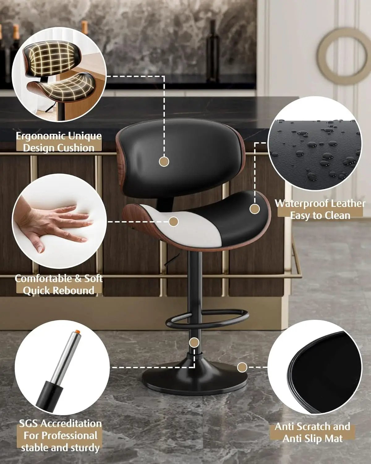 Set Of 2 Adjustable Swivel Bar Stools For Kitchen Island Black from PriceLows™
