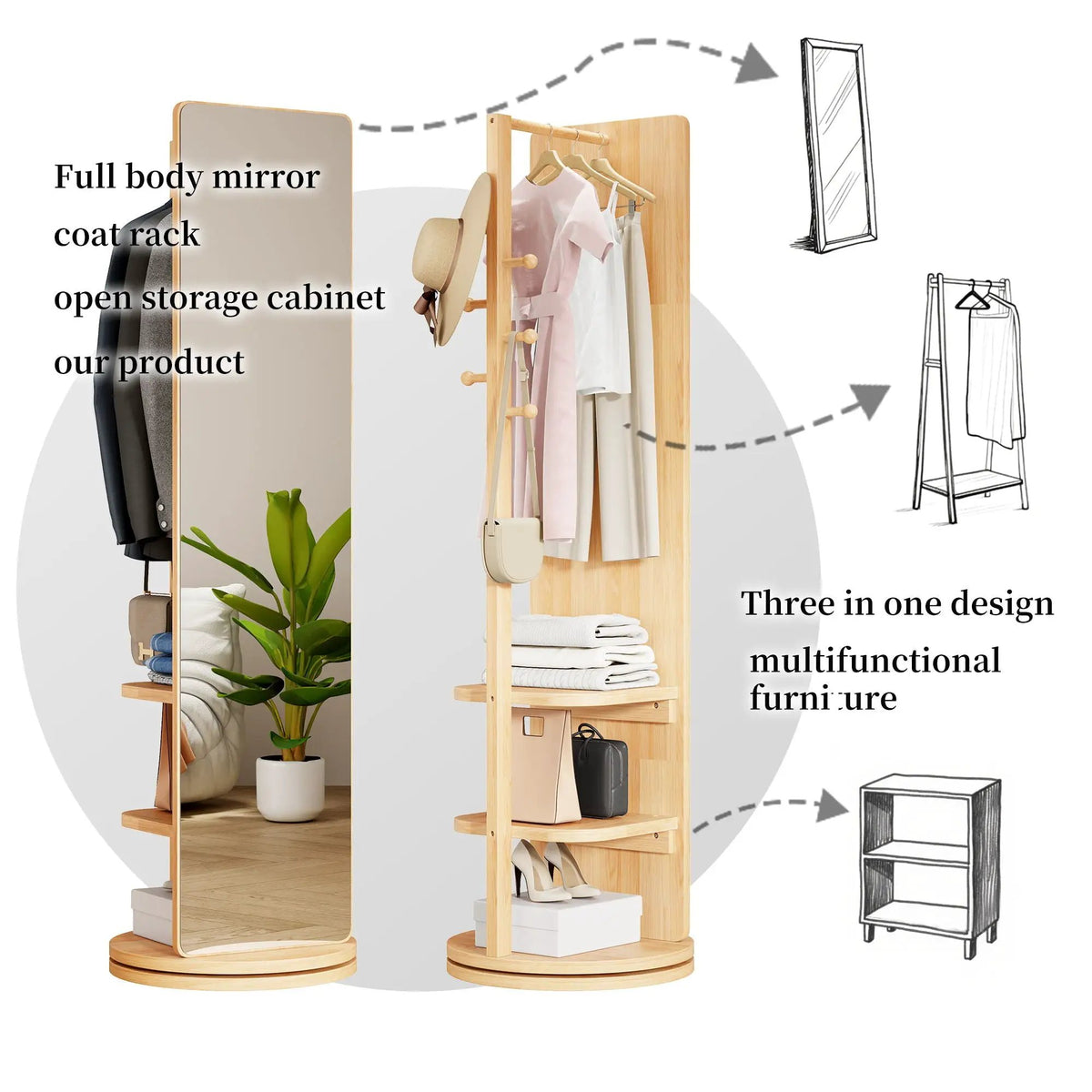 Full Length Mirror | 360 Rotation Design | Solid Wood Rack