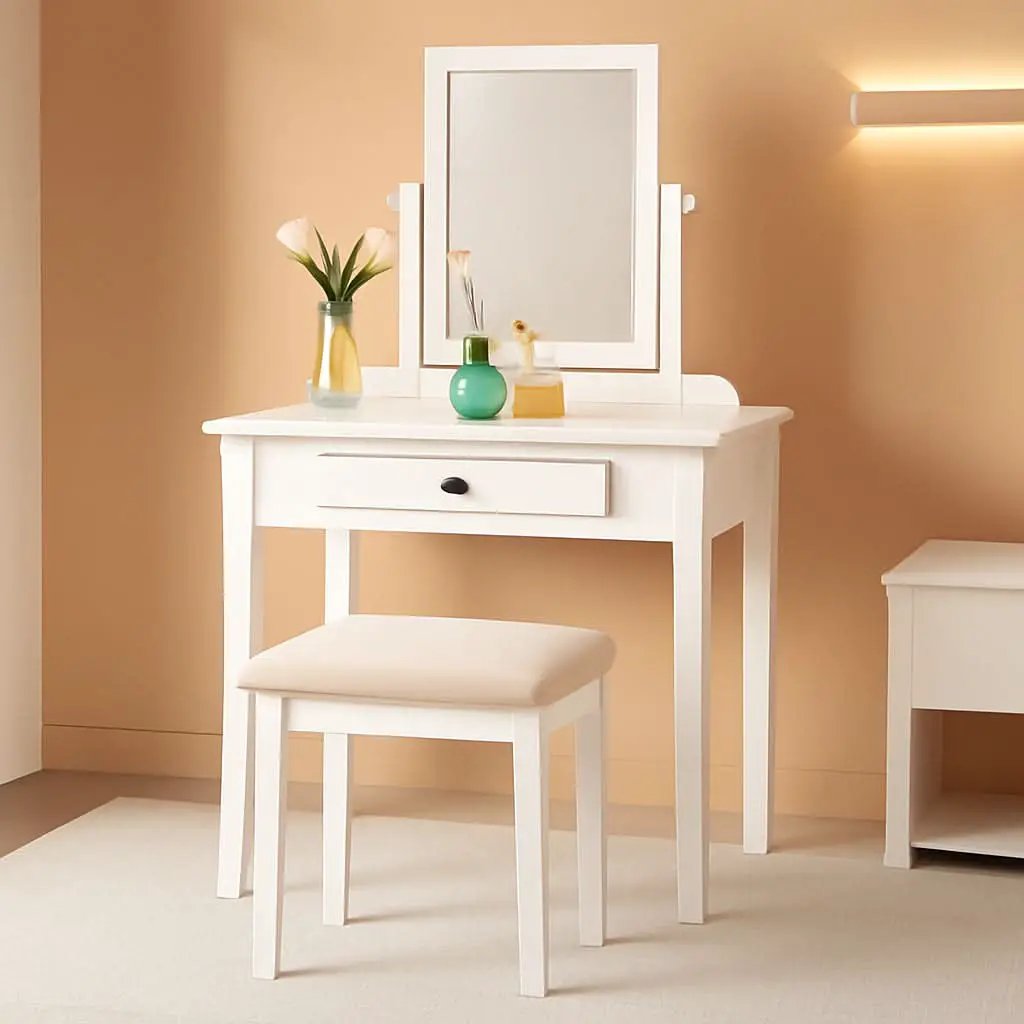 White Transitional Vanity Table and Stool Set for Bedroom from PriceLows™