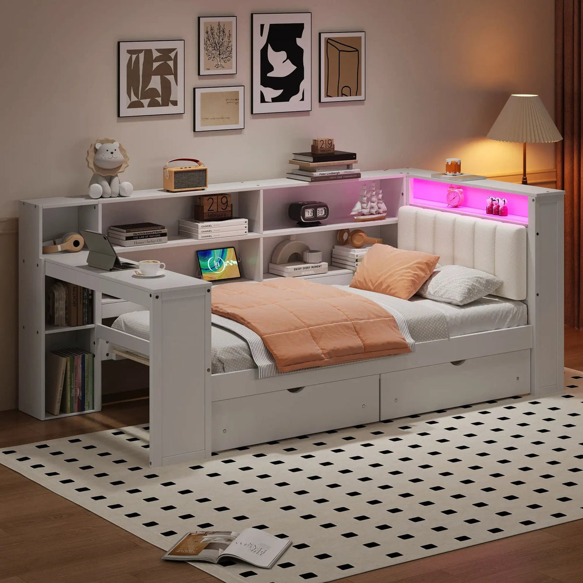 Upholstered Platform Storage Bed | Eight Open Shelves | Two Drawers | LED Lighting And Charging Station