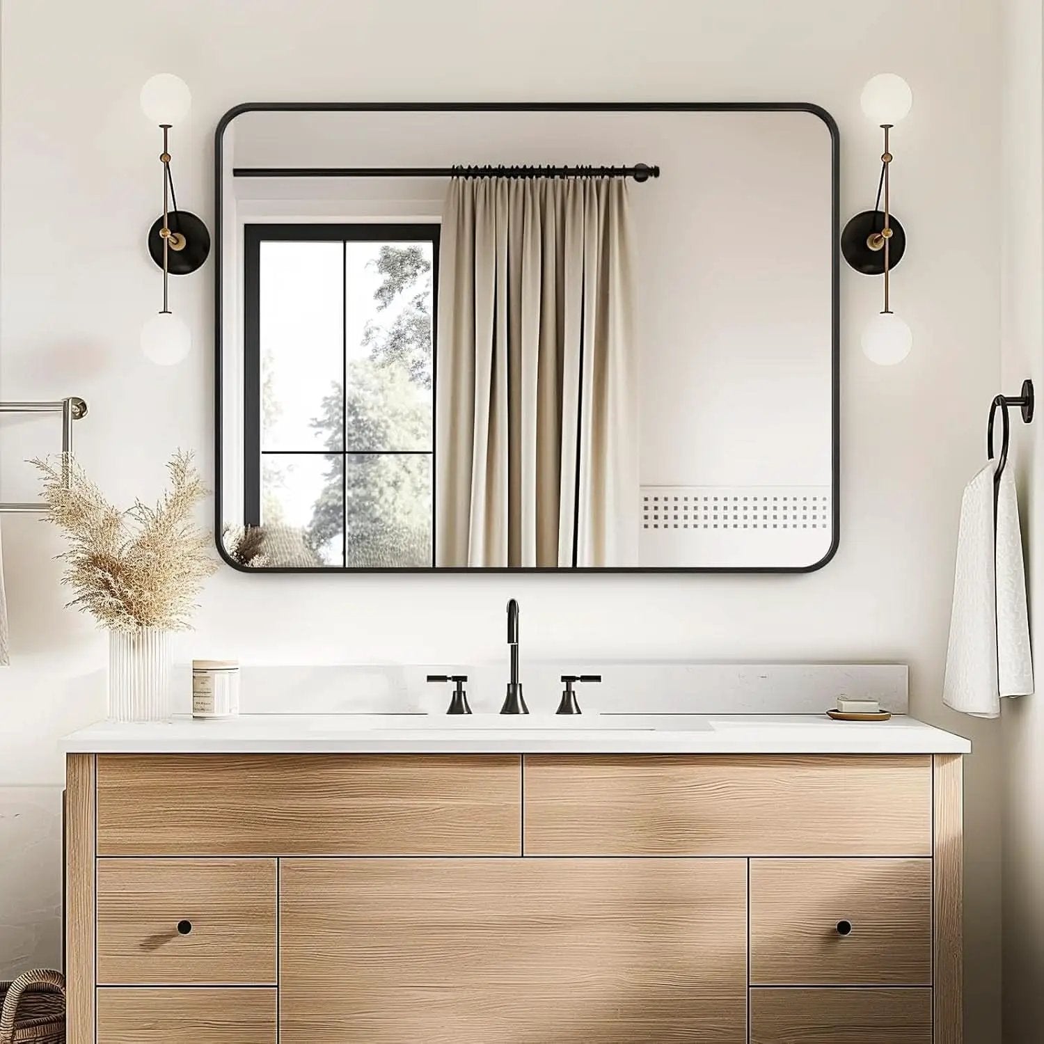 Black 30x40 Inch Rectangle Metal Frame Bathroom Vanity Mirror Wall Mounted from PriceLows™