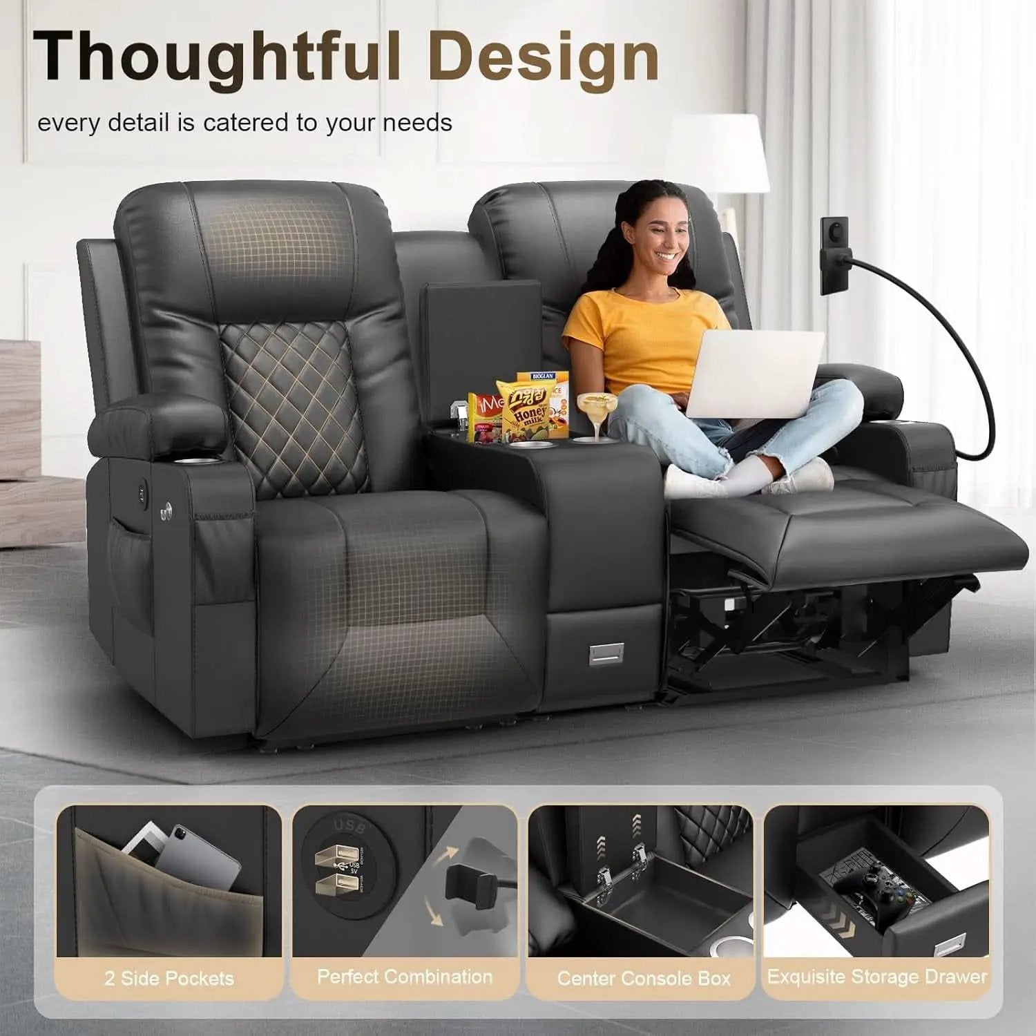 Loveseat Recliner Sofa With Storage Console And USB Ports from PriceLows™