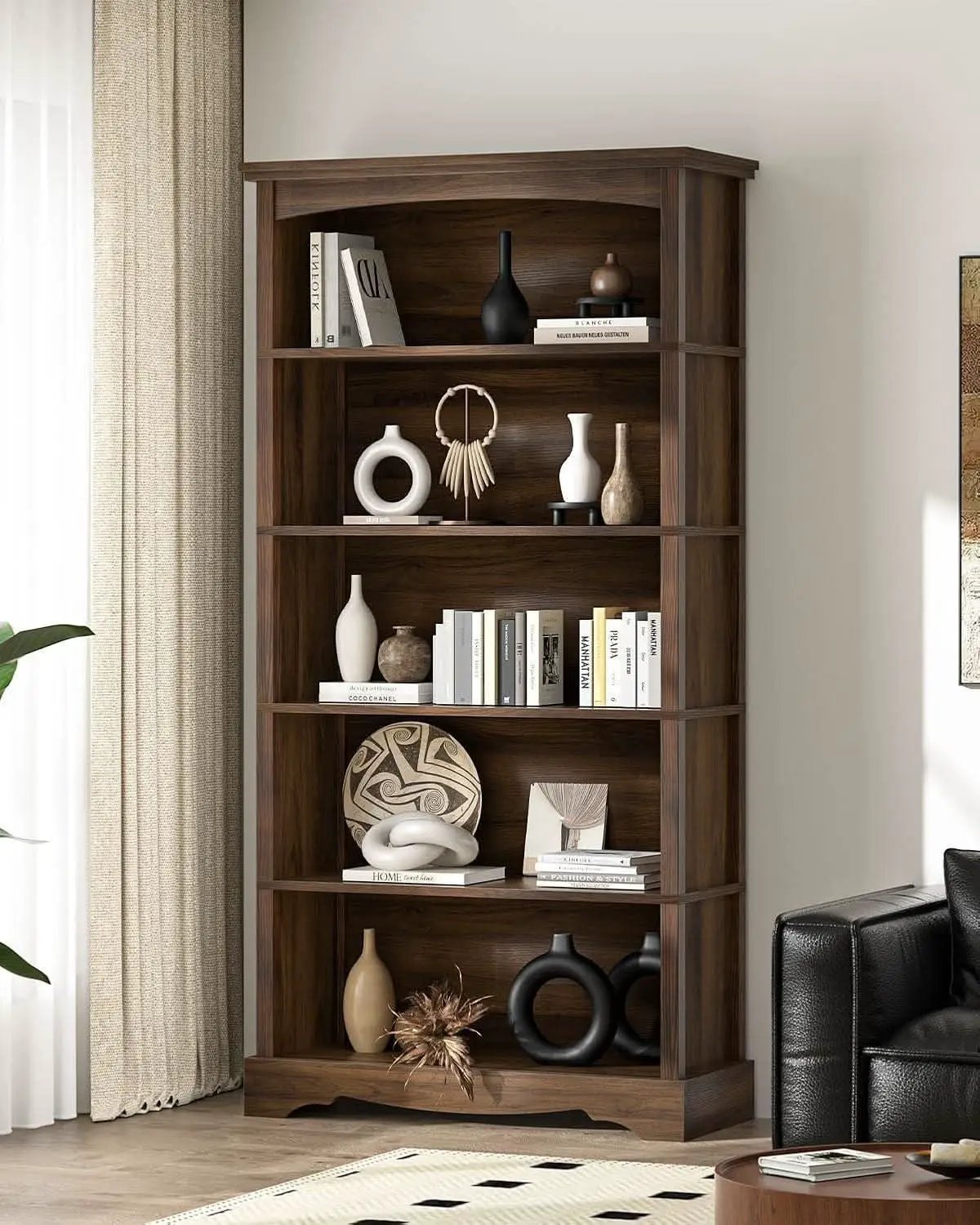65-Inch Tall Brown Wooden Bookshelf With Five Tiers from PriceLows™