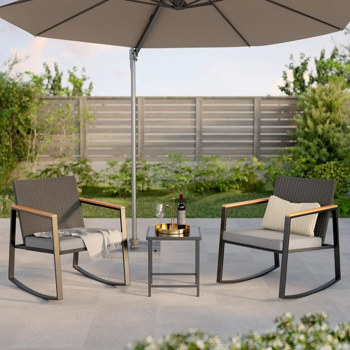 Outdoor Rocking Bistro Set With Cushions And Glass Table from PriceLows™