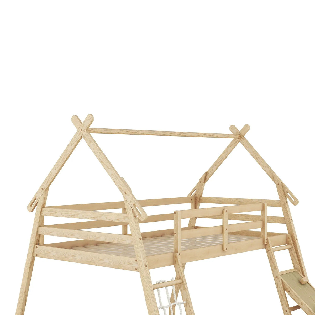 House Bunk Bed | Twin Over Queen | Solid Pine | Climbing Net And Ramp