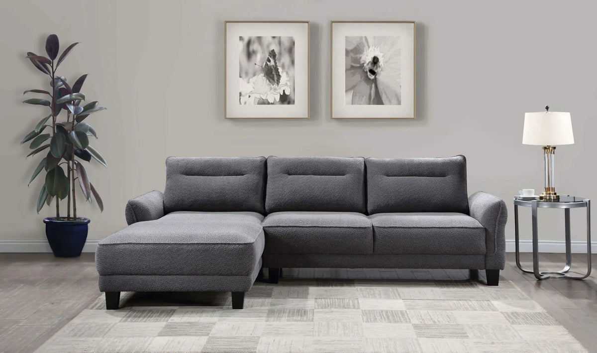 Caspian Upholstered Curved Arm Chaise Sectional Sofa | 109.75 x 67.75 x 36.5 in | Solid Wood & Boucle | Grey