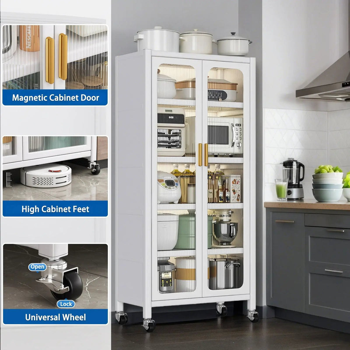 6 Tier Storage Cabinet | Transparent Magnetic Door | Adjustable Shelves | 360 Degree Wheels