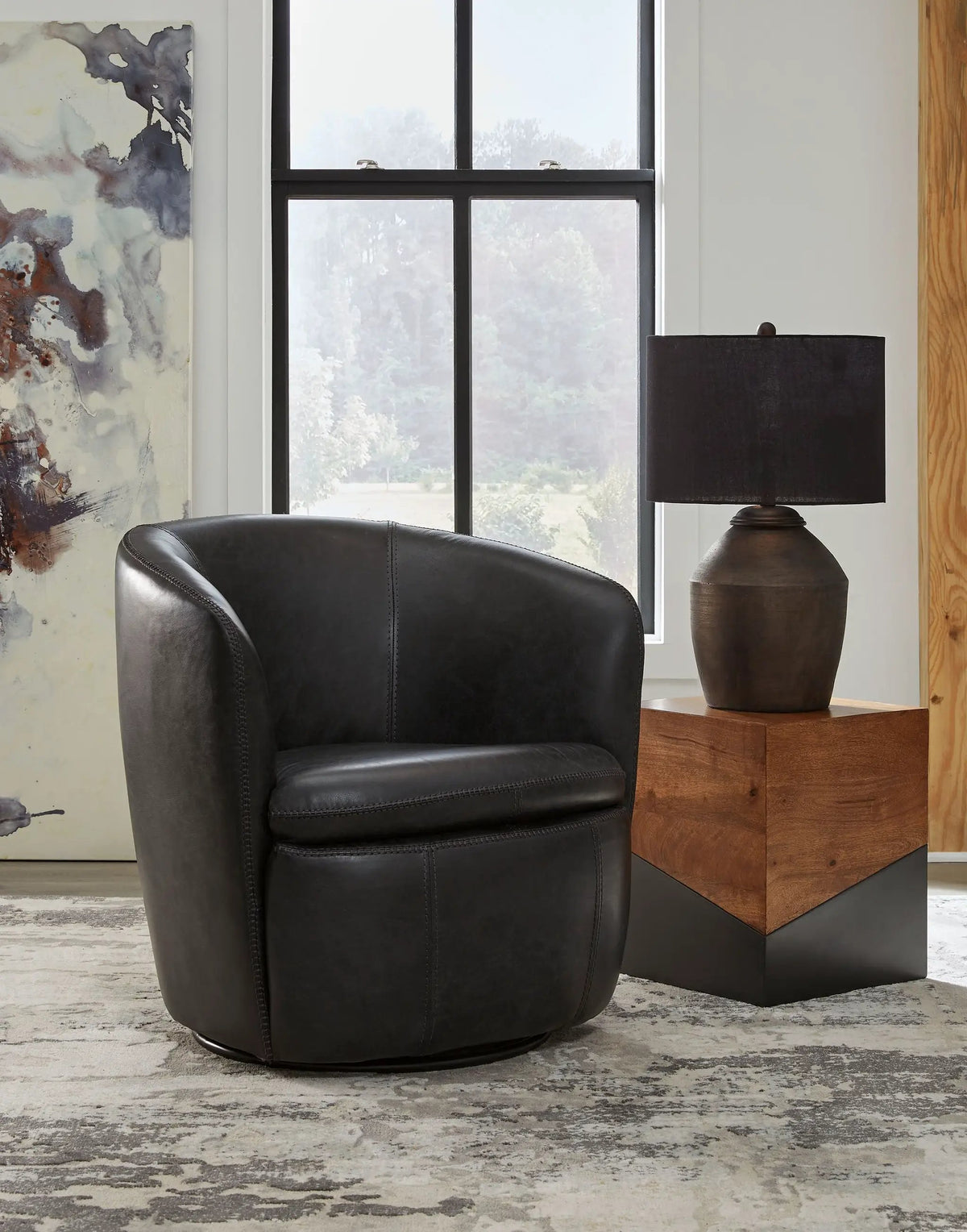 Kierreys Swivel Accent Chair | Supple Leather | Barrel Back | 31.63 Inch Height