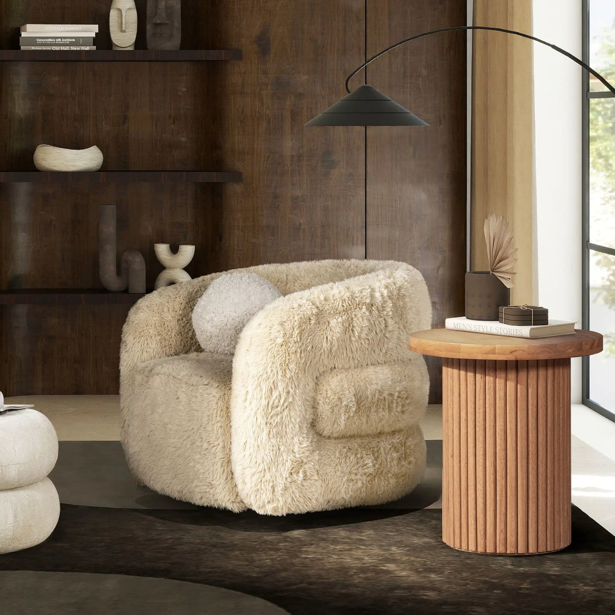 Colt Fur Swivel Upholstered Barrel Accent Arm Chair | 31.5 x 33 x 28 in | Living Room Furniture | Cream Beige