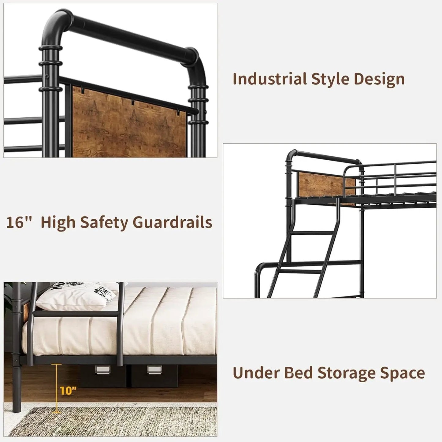 Twin Over Full Metal Bunk Bed Vintage Brown Space Saving from PriceLows™