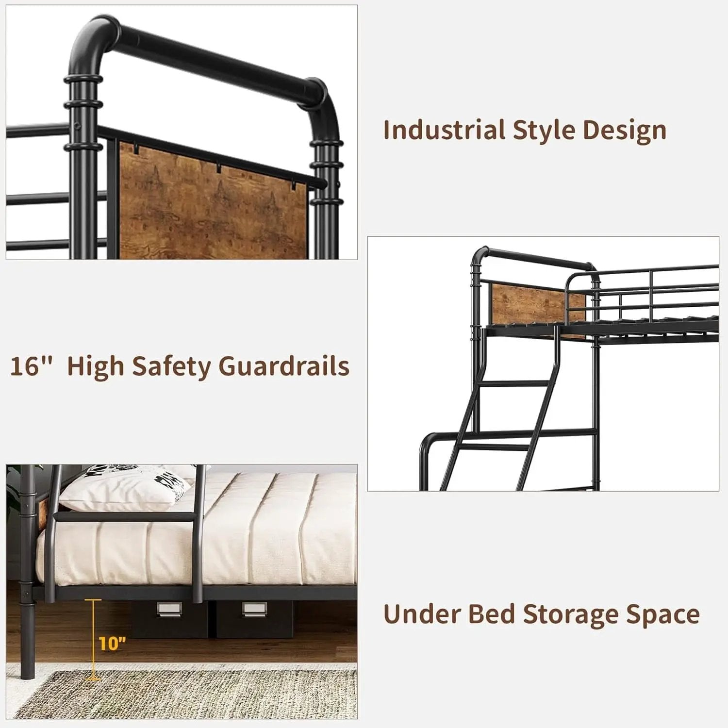 Twin Over Full Metal Bunk Bed Vintage Brown Space Saving from PriceLows™