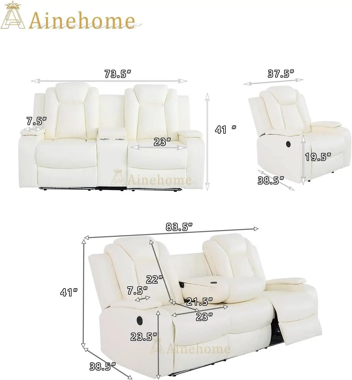 Power Recliner Sofa Set With Wireless Charging Creamy White from PriceLows™