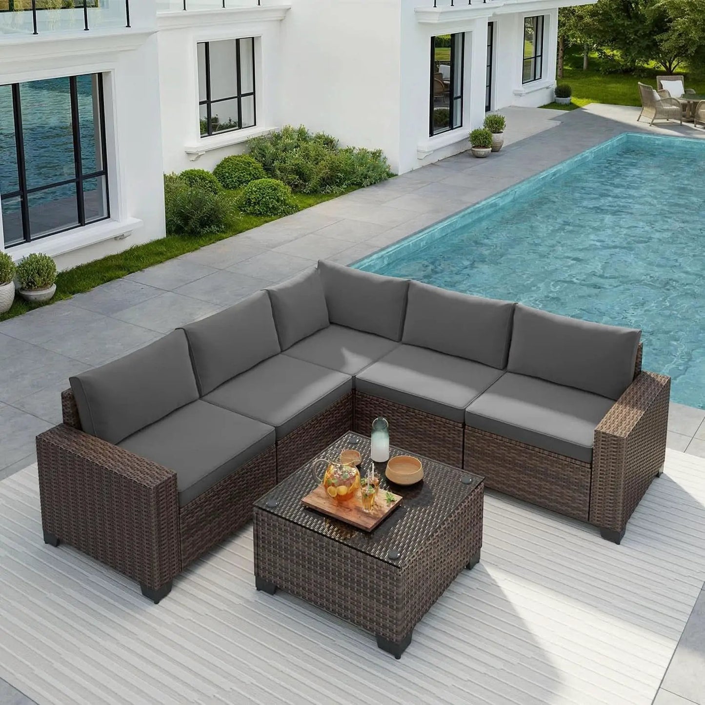 Outdoor 6-Piece Wicker Sectional Sofa Set with Cushions from PriceLows™