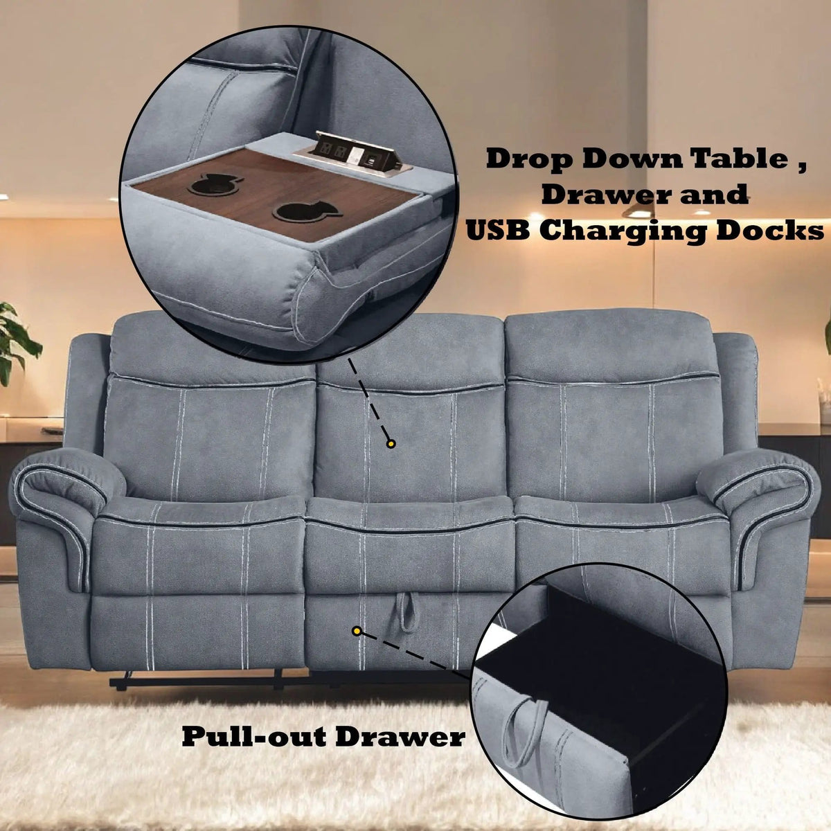 Zubaida Two Tone Recliner Sofa With USB Port Drop Down Table | 2 Pieces | Metal & Wood | Living Room
