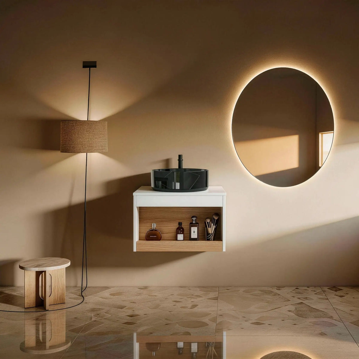 Wall Mounted Bathroom Vanity | Vessel Sink | Open Shelf Storage