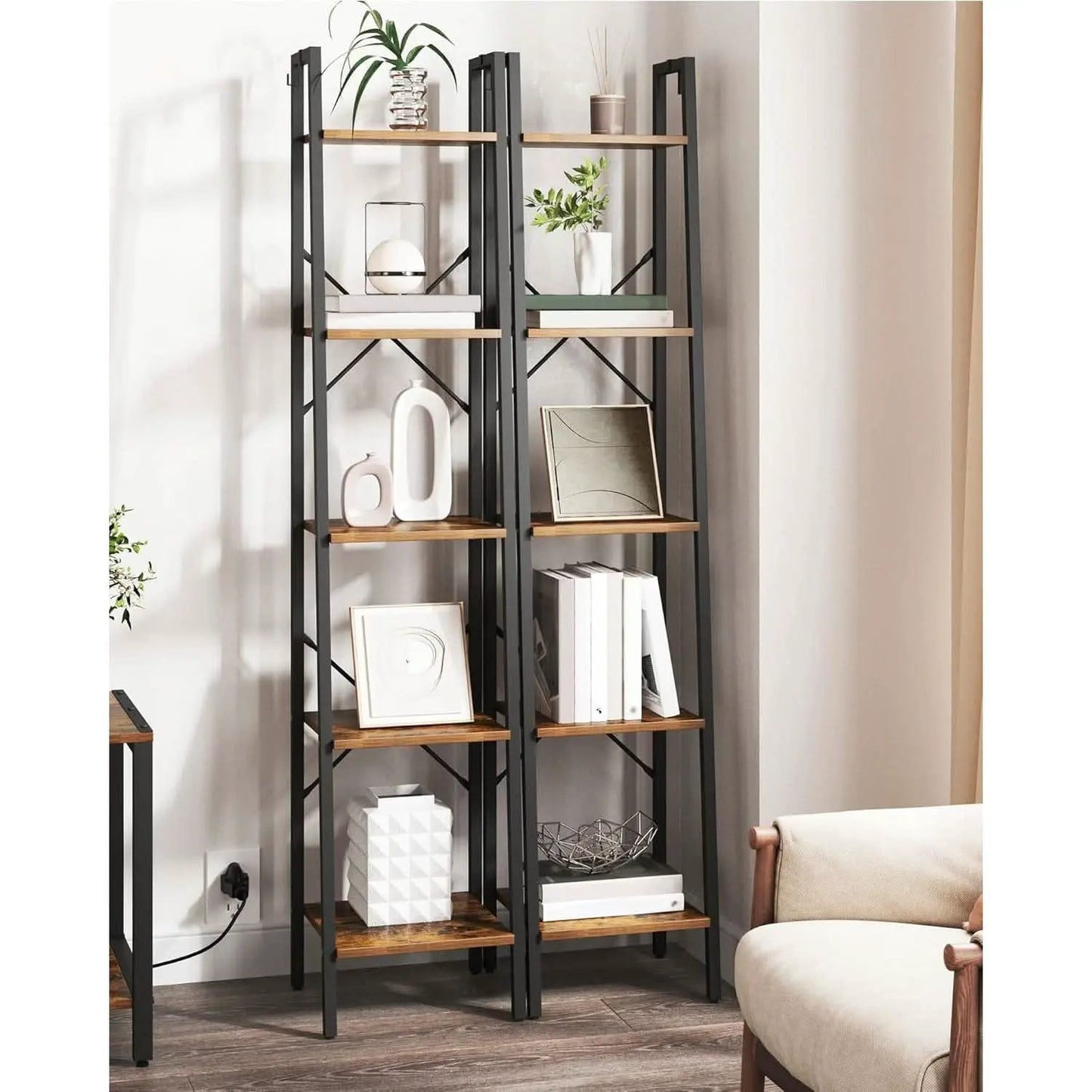 Ladder Shelf Bookcase 5 Tier Rustic Brown Freestanding from PriceLows™