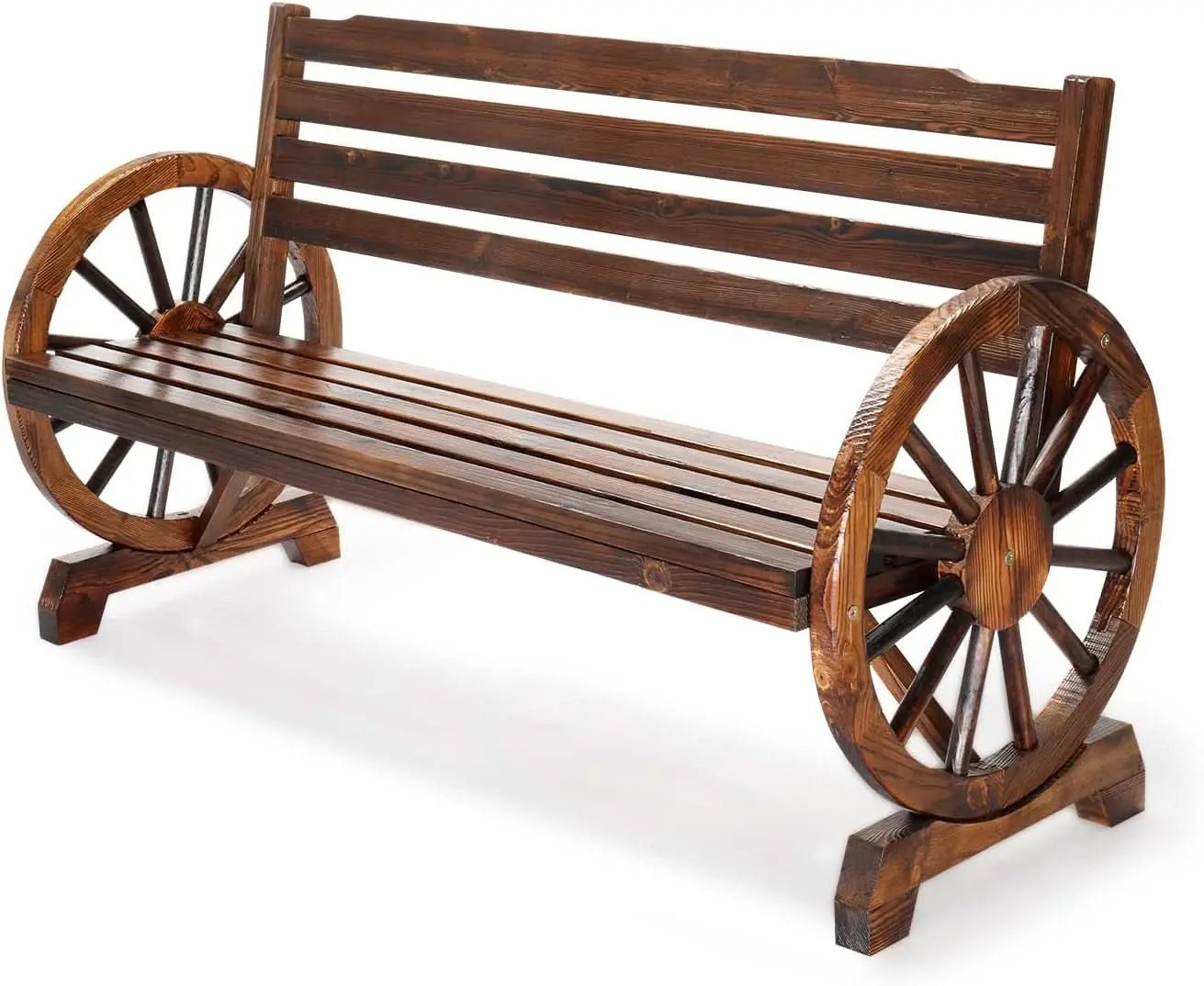 Rustic Wooden Garden Bench with Wagon Wheel Arms from PriceLows™