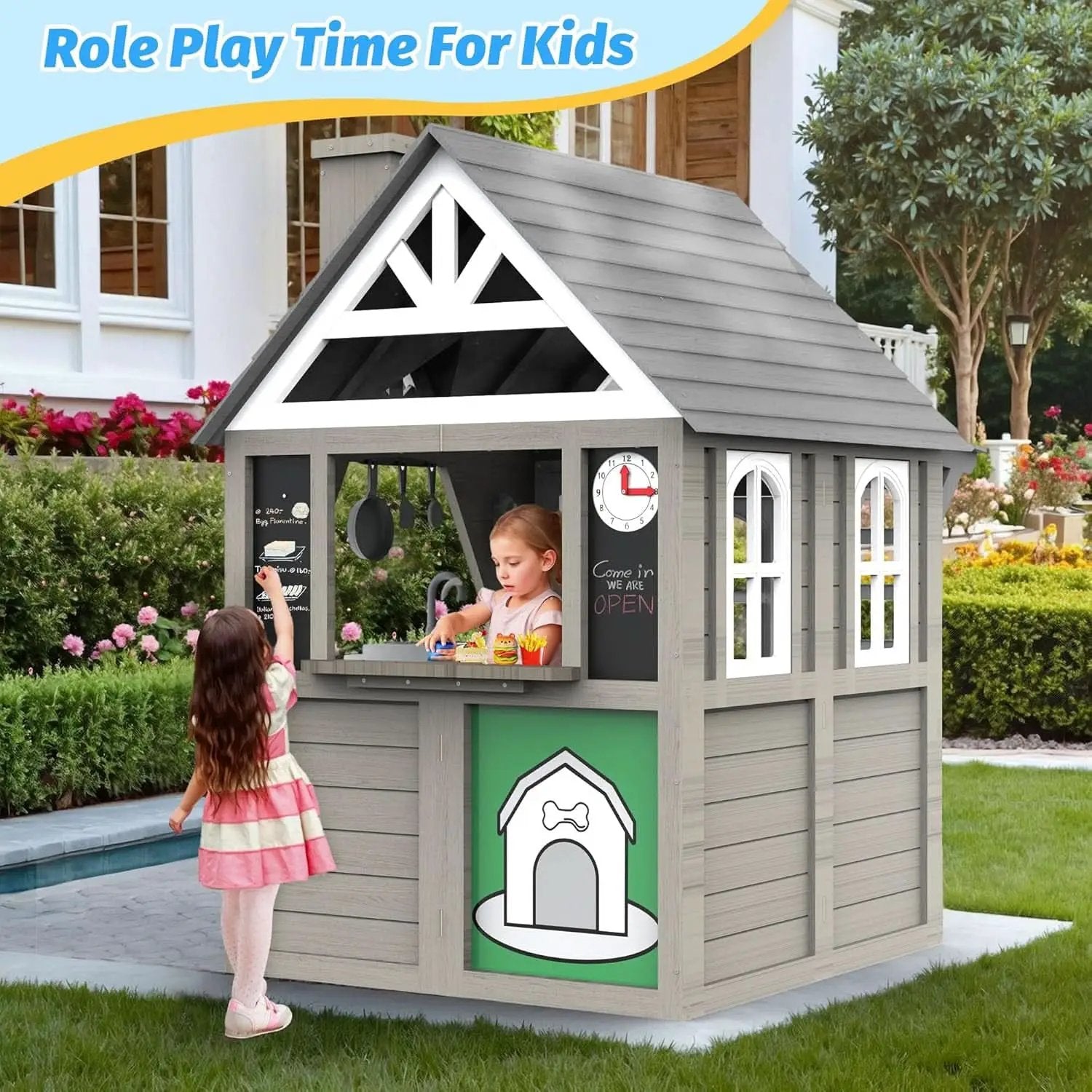 Gray Cedar Outdoor Playhouse With Realistic Kitchen from PriceLows™