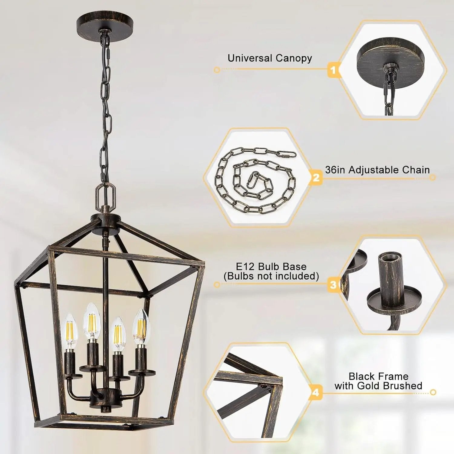 Industrial Black and Gold 4 Light Chandelier With Adjustable Chain from PriceLows™