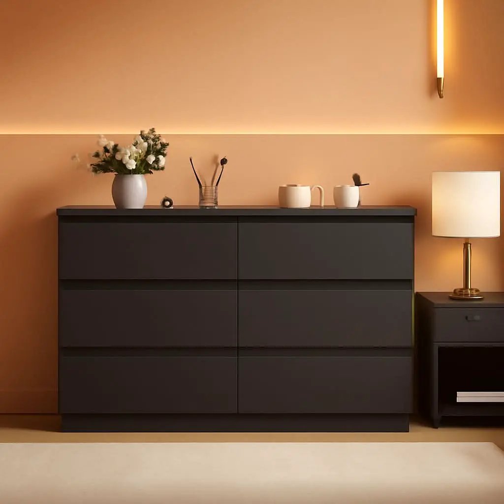 Black Six Drawers Solid Wood Dresser Sturdy Construction from PriceLows™