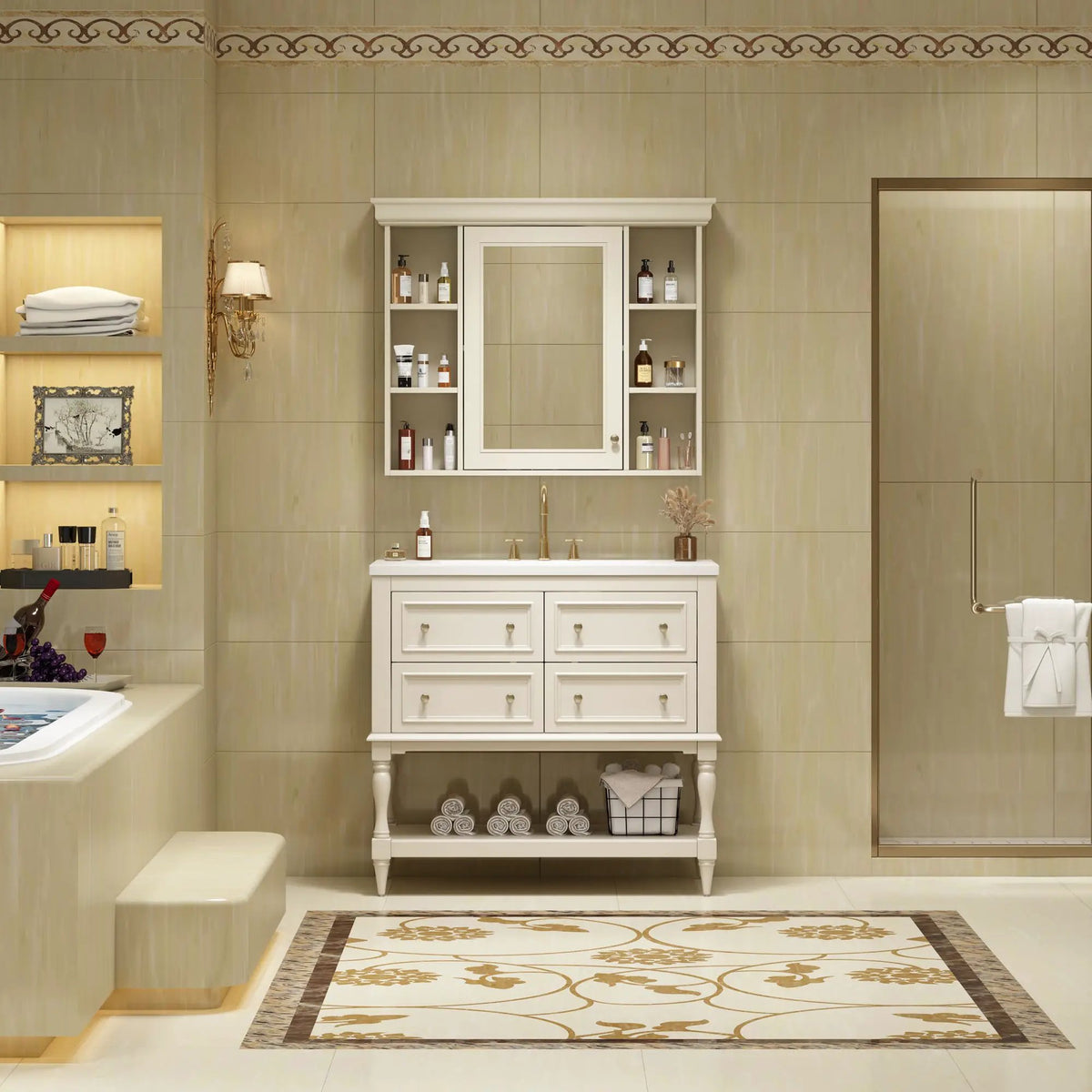 Bathroom Vanity With Medicine Cabinet | 4 Extension Drawers | Adjustable Shelf Mirror | Solid Wood Frame