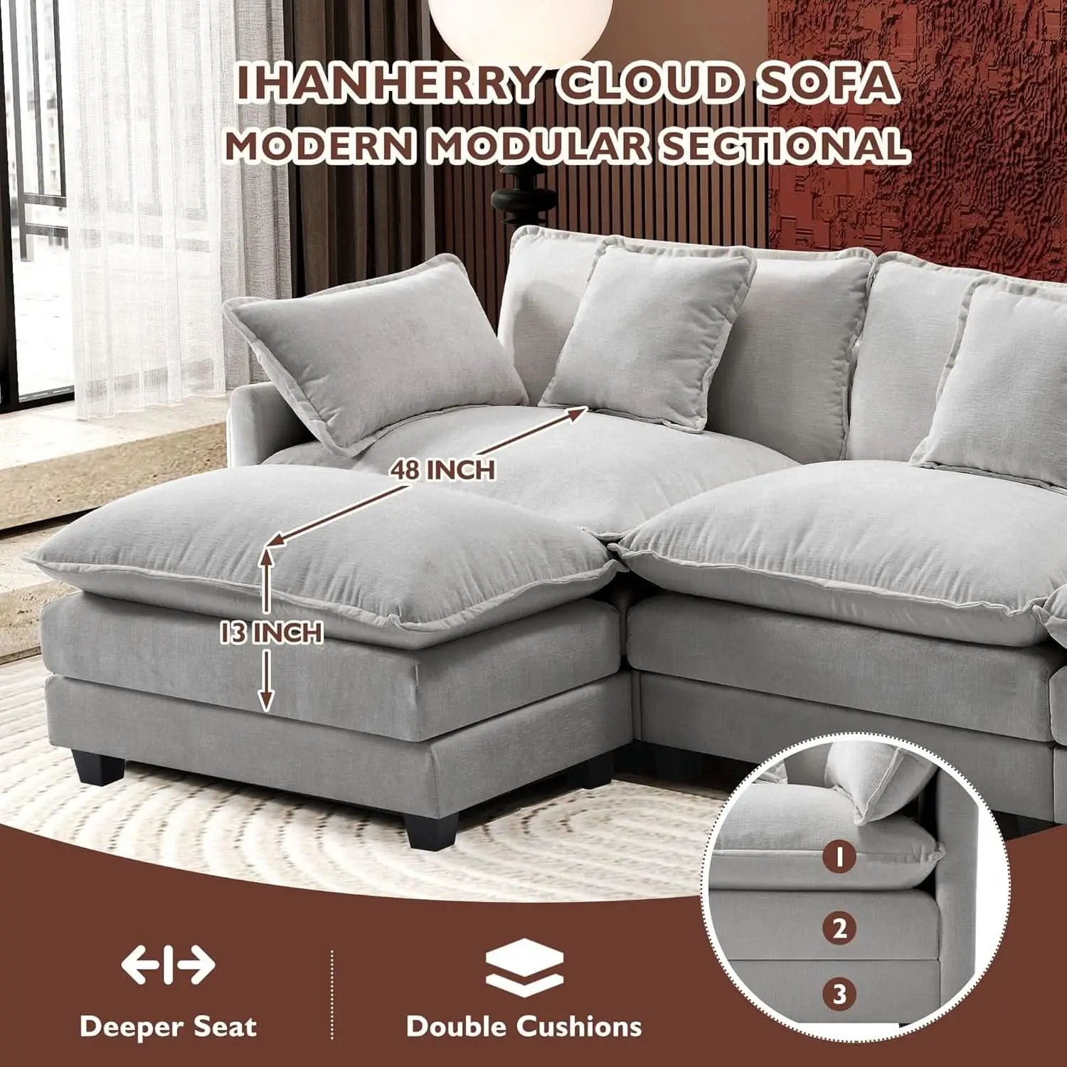 111 Inch L Shaped Modern Glam Sofa Sectional With Ottoman Cloud Foam Cushions Grey Chenille from PriceLows™