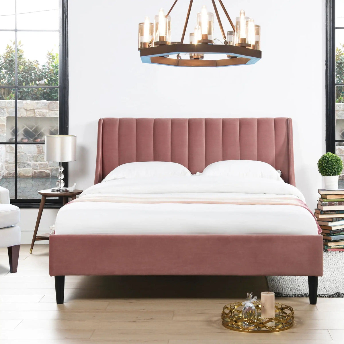 Aspen Vertical Tufted Modern Headboard Platform Bed Set | 8 Pieces | Fabric & Plywood | Bedroom