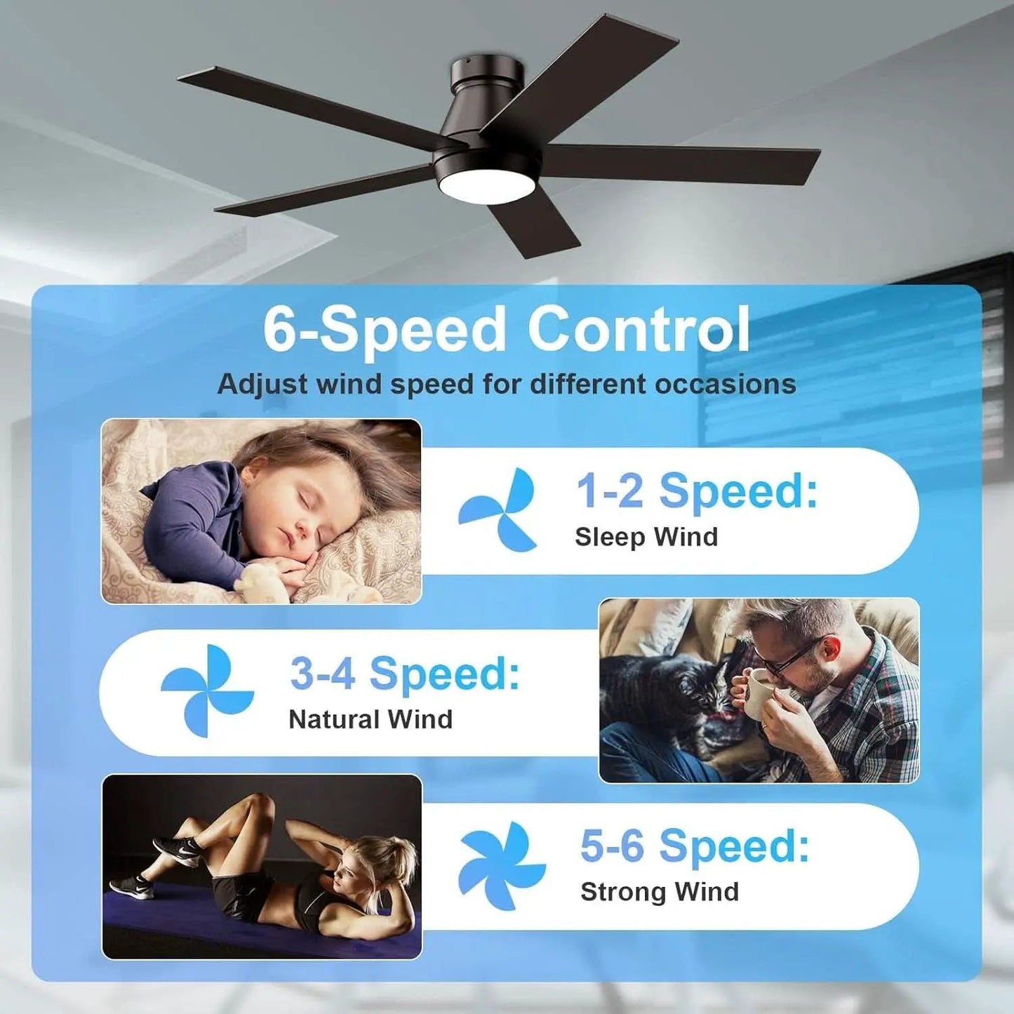 52 Inch Black Flush Mount Ceiling Fan With Dimmable Lights from PriceLows™