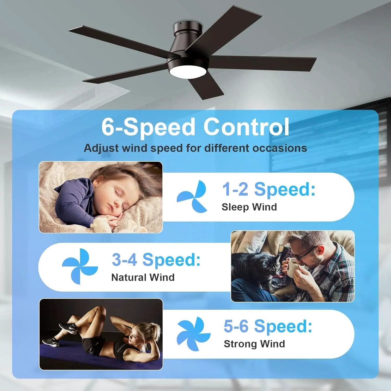 52 Inch Black Flush Mount Ceiling Fan With Dimmable Lights from PriceLows™