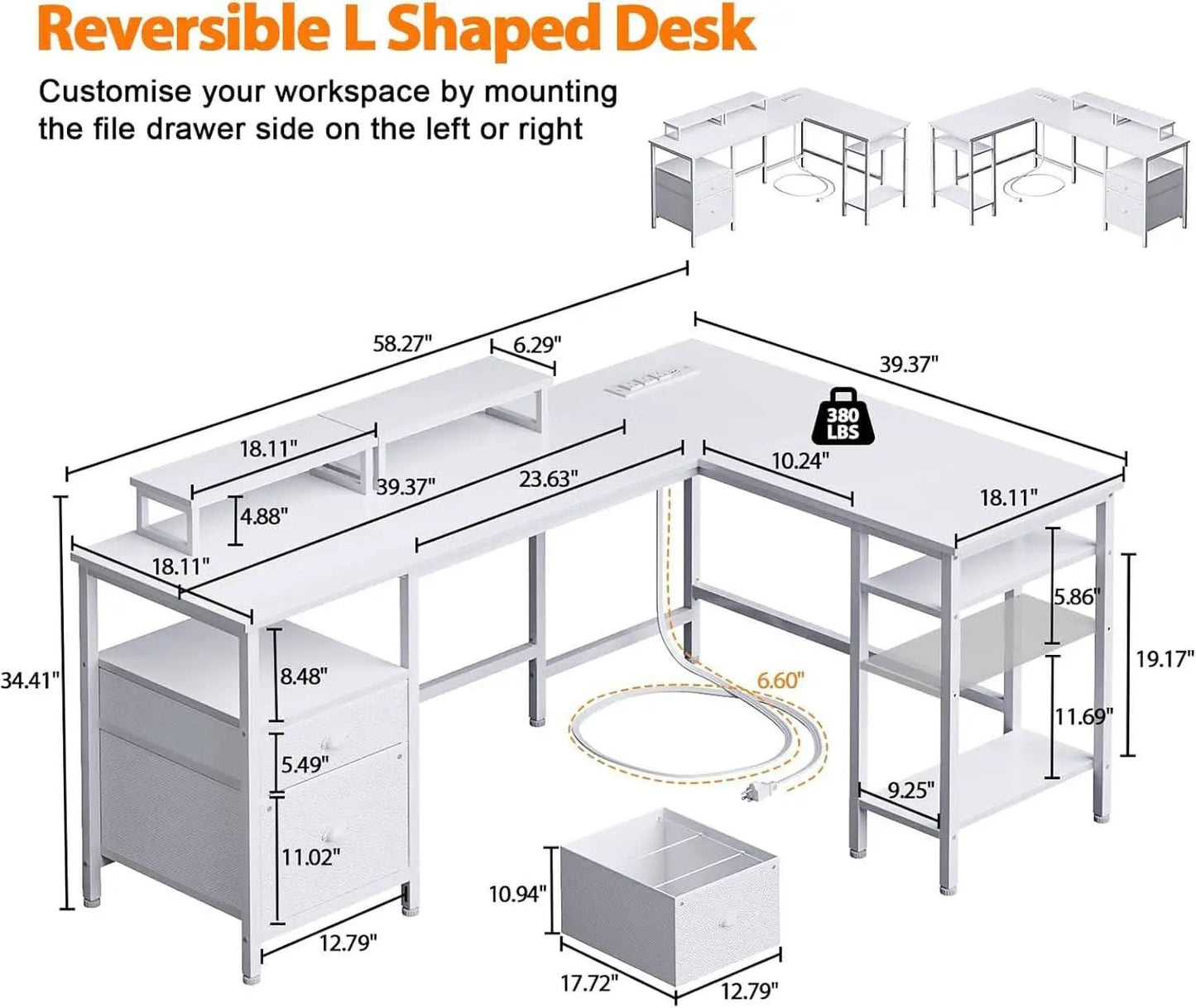 White Fifty Nine Inch L Shaped Desk With Power Outlets from PriceLows™