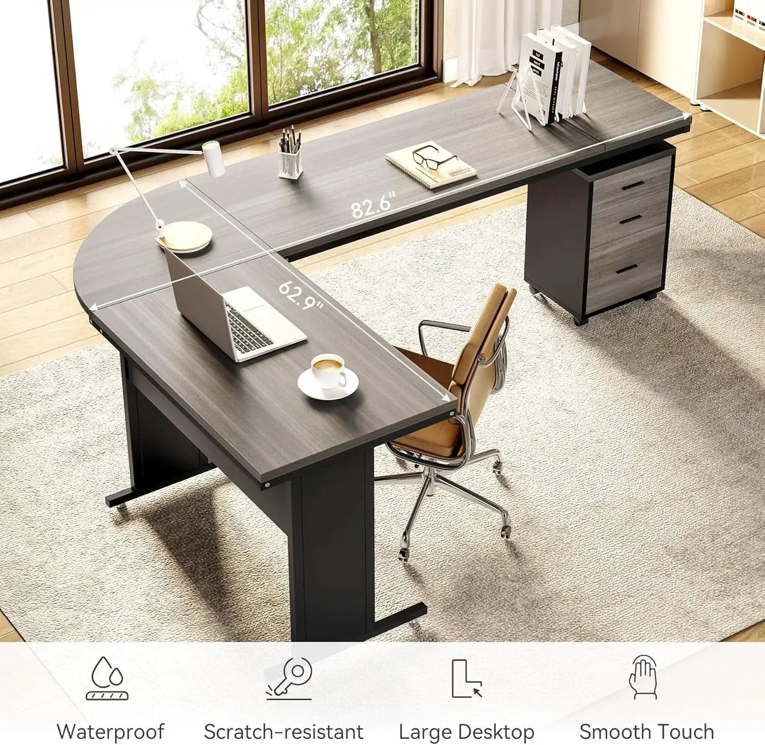 83in Gray Farmhouse L Shaped Desk With Mobile File Cabinet from PriceLows™