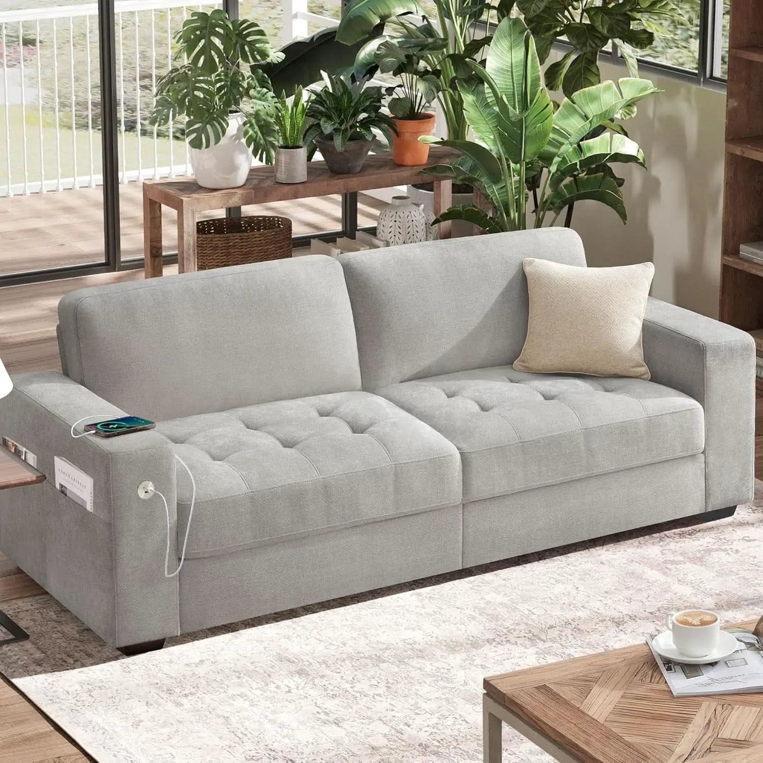 70 Inch Gray Chenille Loveseat With USB C Ports And Plush Cushions from PriceLows™