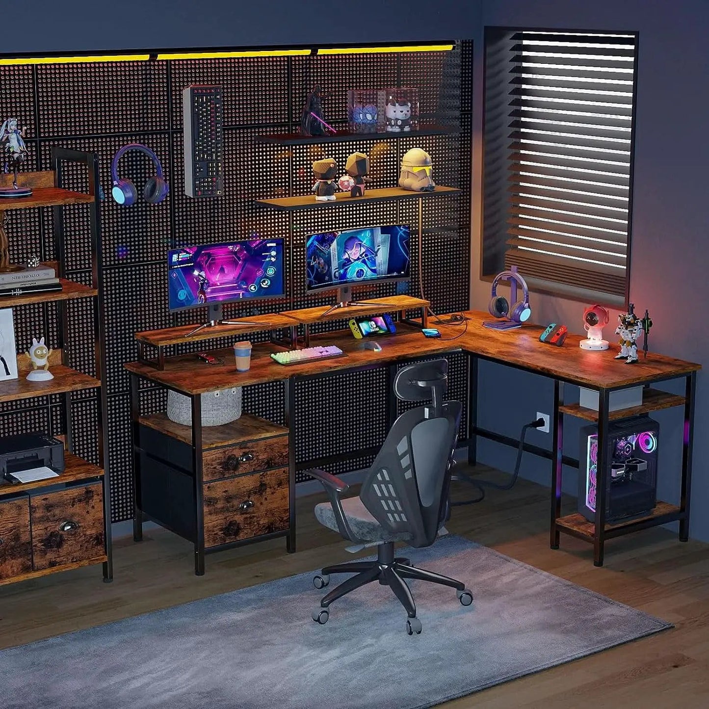 66 Inch Rustic Brown L Shaped Desk With Power Outlet from PriceLows™
