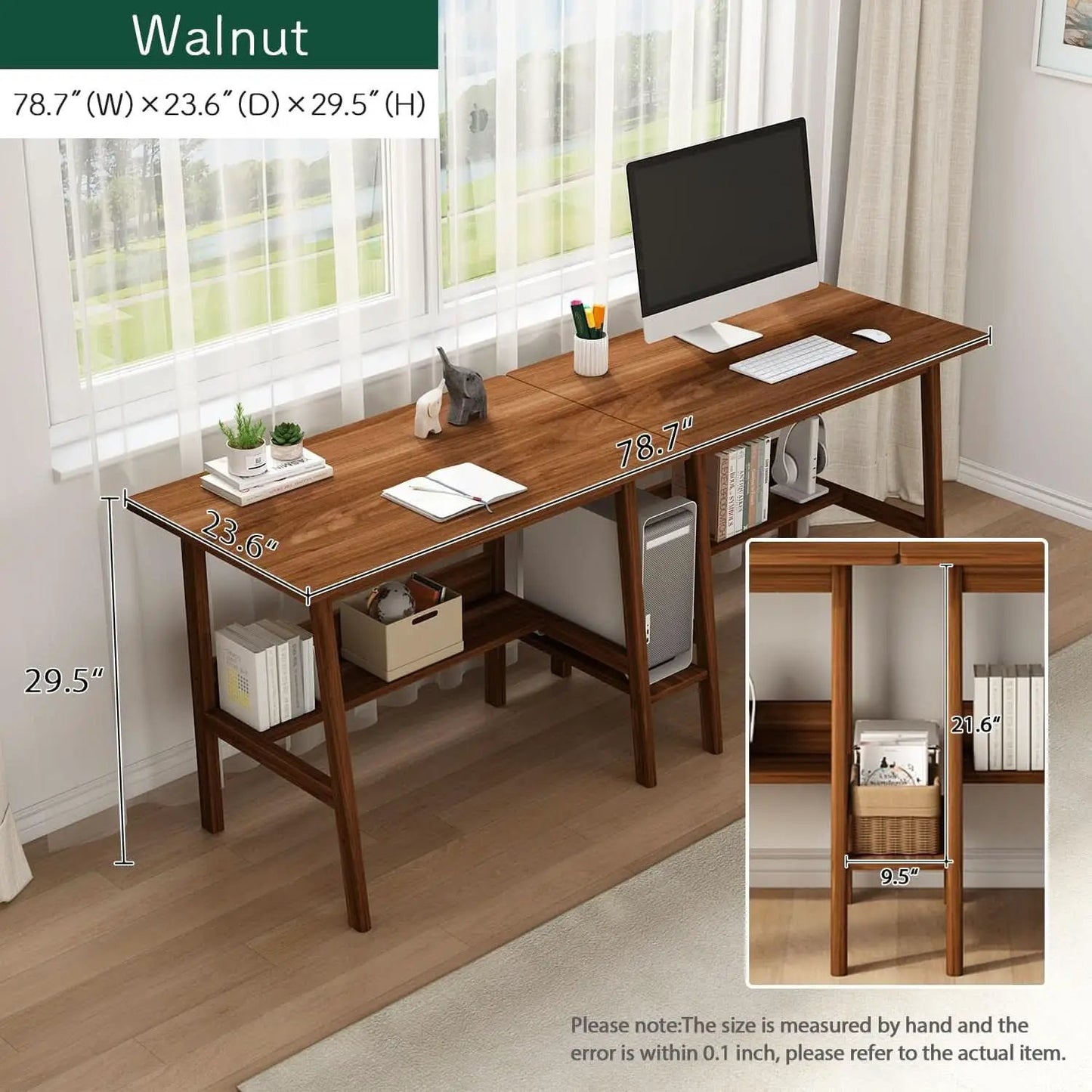 Two Person Desk Walnut 79 Inch Extended Workstation Shelves from PriceLows™