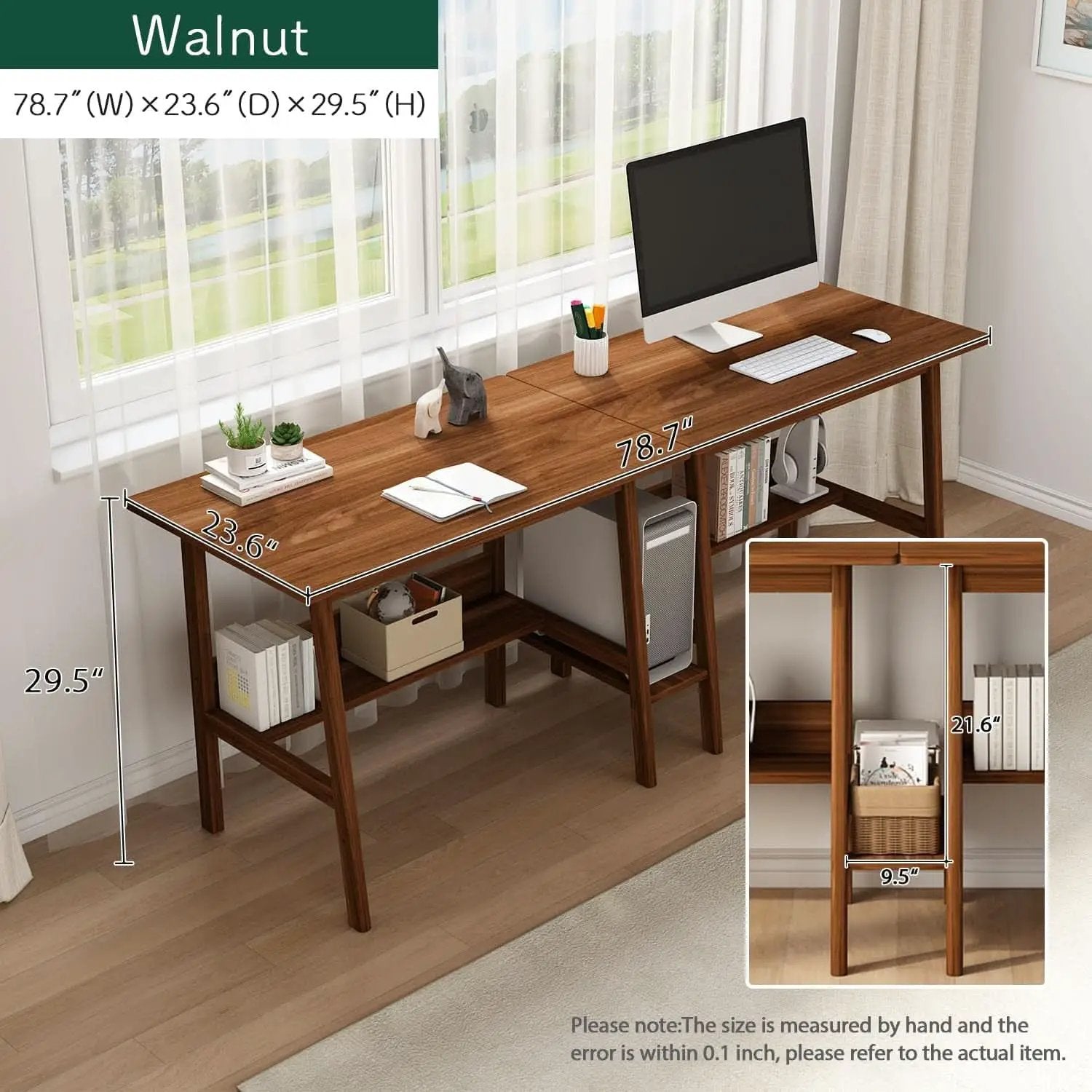 Two Person Desk Walnut 79 Inch Extended Workstation Shelves from PriceLows™