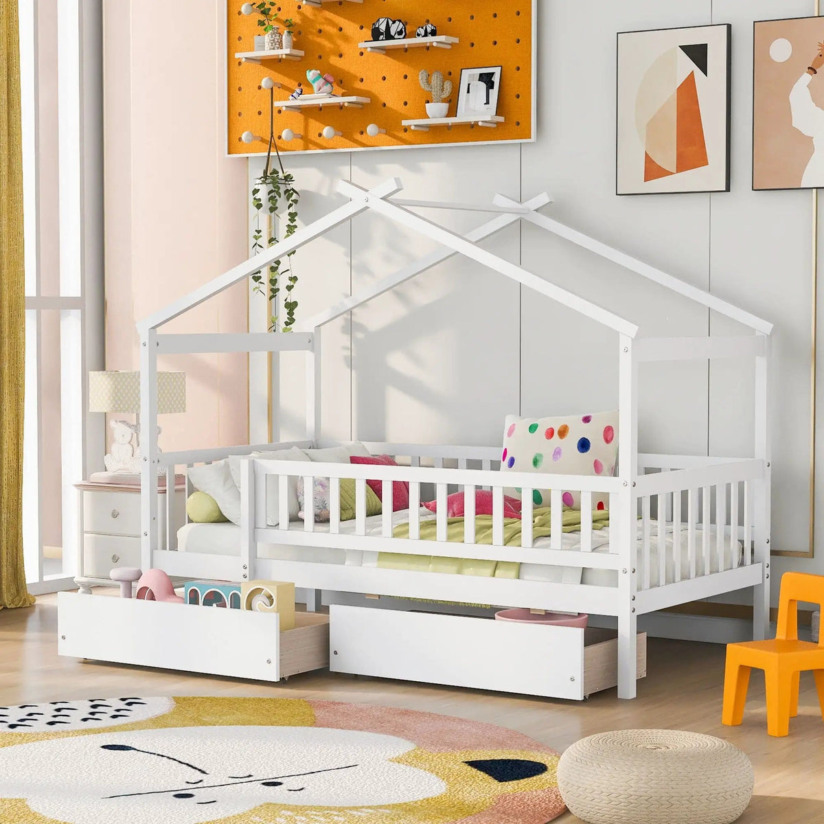 Kids House Bed With 2 Drawers | Sky Roof Design | Classic House Shape | 62.9 Inch Height