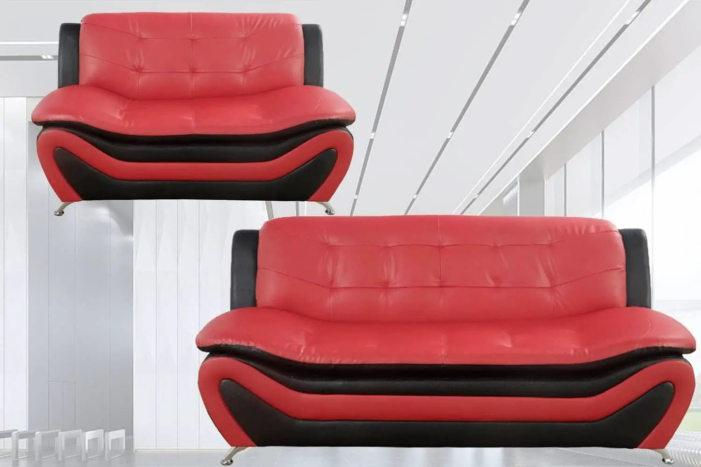 Faux Leather Living Room Sofa Set Red Black Loveseat from PriceLows™